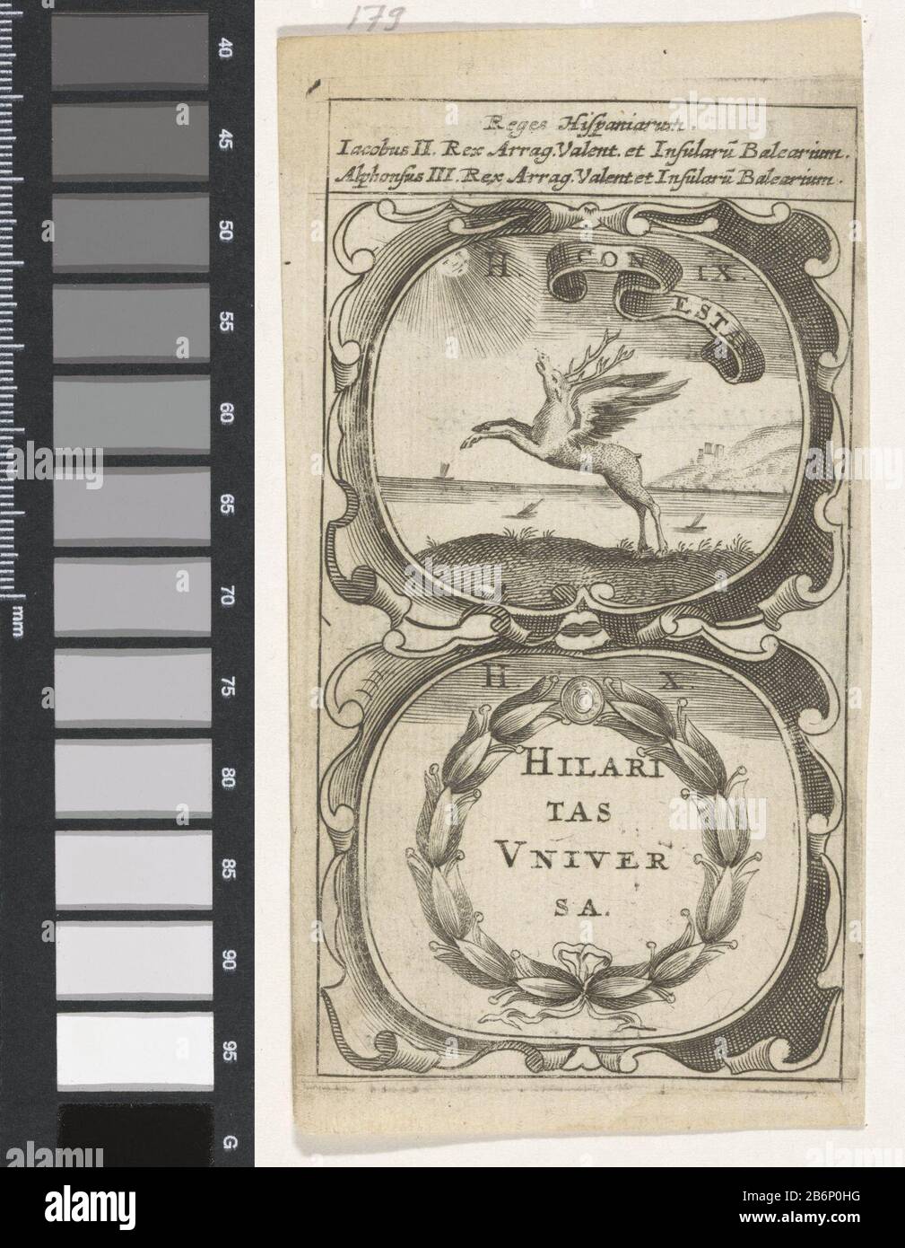 Gevleugeld hert Bloemenkrans Conestas Hilaritas Universa (titel op object) Symbola Divina et Humana Pontificum Imperatorum Regum (serietitel) Een embleem met twee voorstellingen. Boven een landschap met een gevleugeld hert, zonnestralen vangend. Onder een bloemenkrans. Het bettreffen deviezen van Jacobus II en Alfons III. Van Aragon. Hersteller: Rentner: Anoniemnaar prent van: Aegidius Sadeler dating: 1666 Physical kenmerken: Gravure; verso met tekst in boekdrauk Material: Papier Techniek: Graveren (Drukproceduré) / boekdrauk Abmessungen: Plaatrand: H 122 mm × b 68 mmToelichtingina Jacob Stockfoto