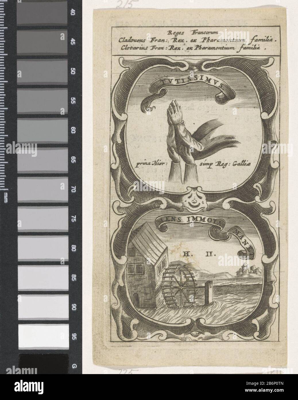 Gevouwen handle Watermulen Tutissimus Mens Immota Manet (titel op object) Symbola Divina et Humana Pontificum Imperatorum Regum (serietitel) Een embleem met twee voorstellingen. Boven gevouwen hands, ondersteund door twee hands. Onder een landschap met een watermolen. Het betreffen deviezen van Clovis i en Chlotarius I. Hersteller : prentmaker: Anoniemnaar prent van: Aegidius Sadeler dating: 1666 Physikalische Kenmerken: Gravur; verso met tekst in boekdrauk Material: Papier Techniek: Graveren (Drukproceé) / boekdrauk Abmessungen: Plaatrel, Jacob Typinga b × 67 mm. Stockfoto