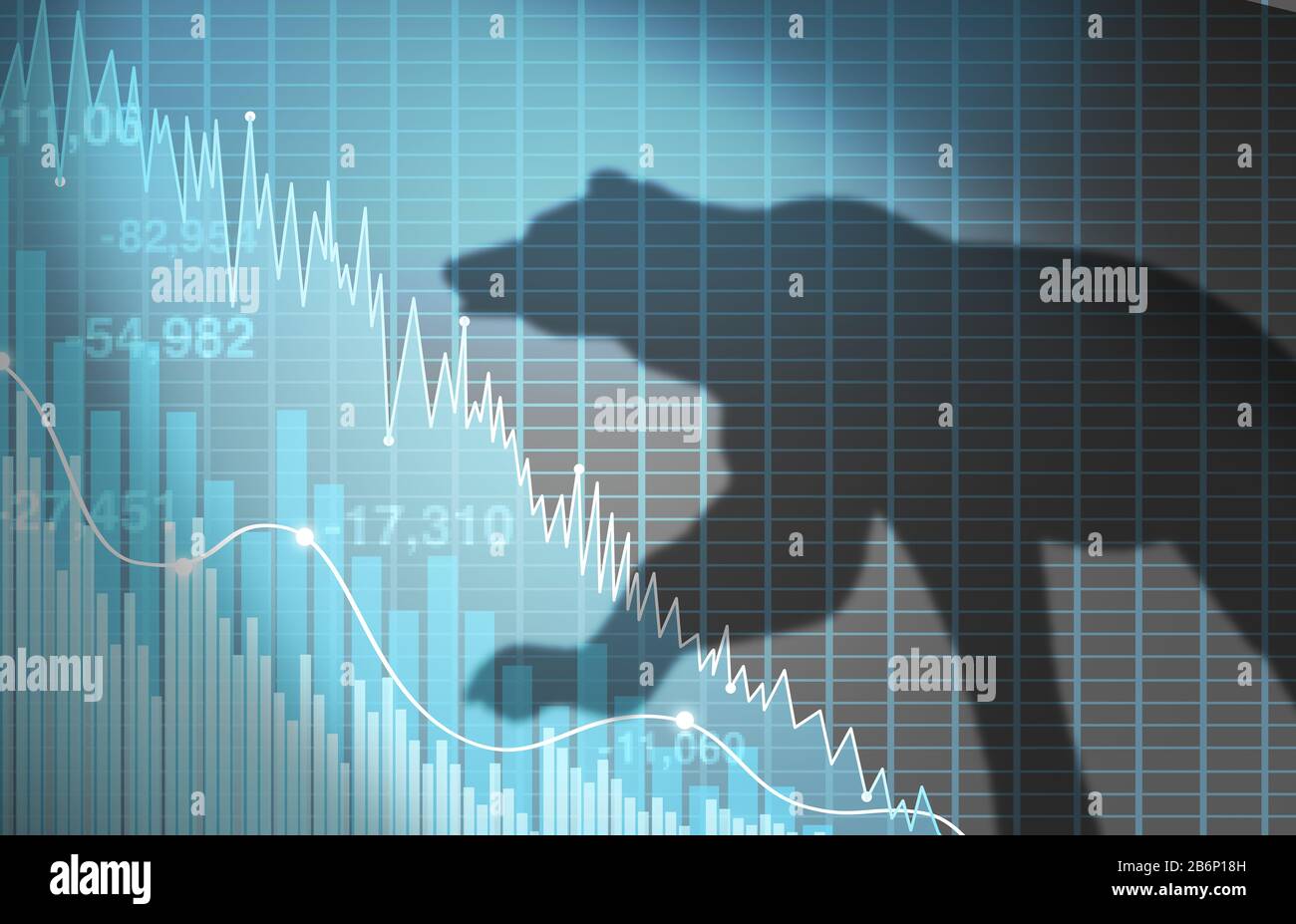 Konzept der Finanzkrise und der Einschleusung des Geschäftskonzepts der Börse als Wirtschaftsplan, das Verluste mit dem Schlagschatten eines Bären als Verlust an zeigt Stockfoto