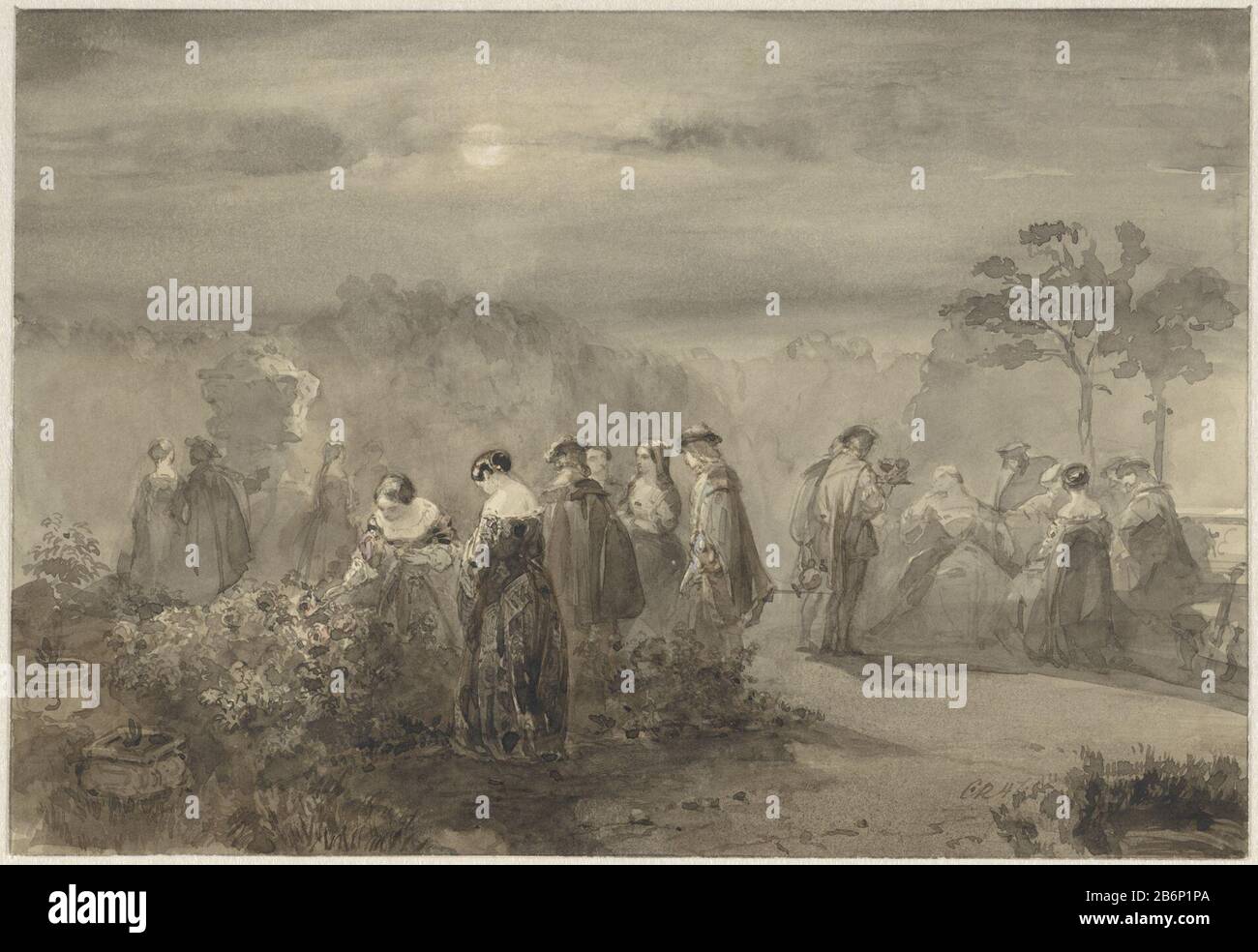 Gezelschap van dames en heren in een door de maan beschen hof met rozenstruiken Company of men and women in a moonlight-Garden with Rose buschens Objektart: Drawatercolor Artikelnummer: RP-T-1892-A-2650 Hersteller: Künstler: Charles Rochussen Datum: 1847 Physikalische Merkmale: Stift und Pinsel in Braun und Pinsel in Farbmaterial: Papier Aquarell Technik: Stift / Pinsel Abmessungen: H 140 mm × W 204 mm Betreff: Gartenräucher: Rosenbush-Mondscheinliebhaber treffen sich und Stockfoto