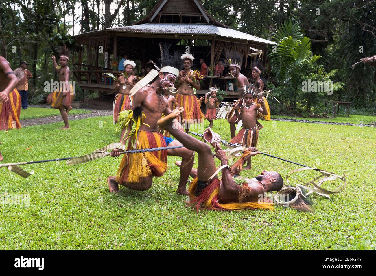 dh lokale Tänzerinnen UND Tänzerinnen AUS DEM lokalen Tanz ALOTAU PAPUA-NEUGUINEA traditionelle PNG-Dorf Tänzerinnen Krieg Tanz Kultur Stamm Waffen Stockfoto