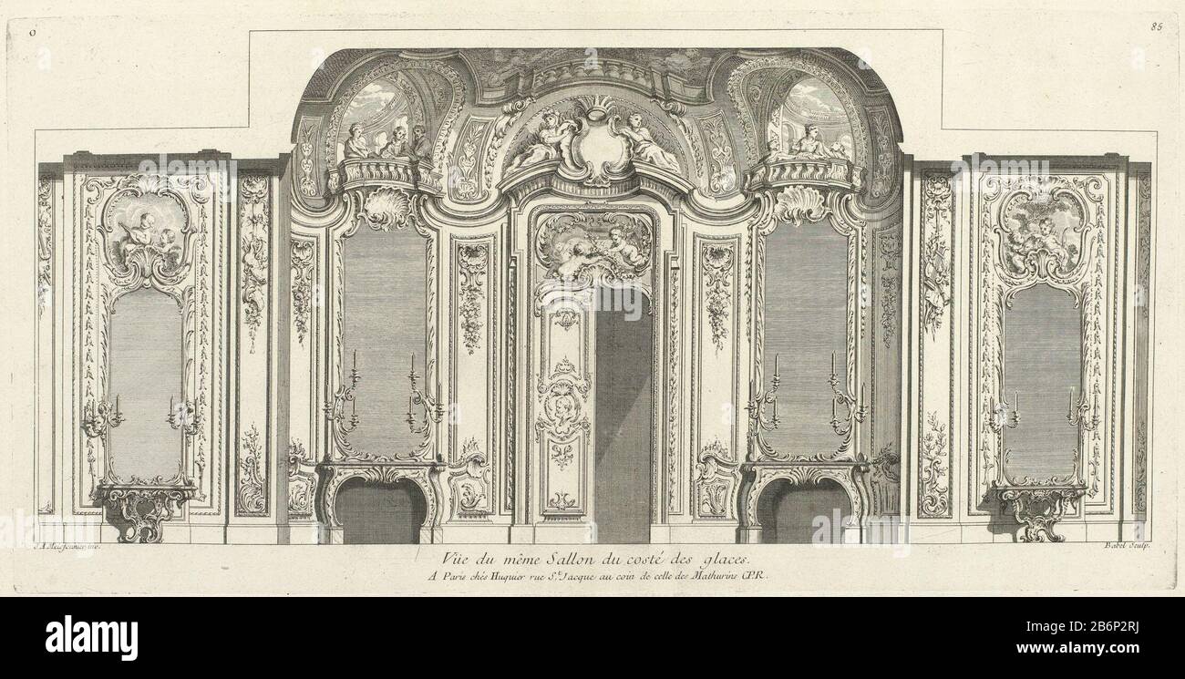 Dieser Beitrag ist Teil eines Albums. Hersteller: Druckmaschine: Pierre Edme Babel (unter Denkmalschutz) entworfen von: Juste Aurèle Meissonier (unter Denkmalschutz stehendes Gebäude) Herausgeber: Gabriel Huquier (unter Denkmalschutz stehendes Objekt) Privilegien-Provider: Louis XV (König von Frankreich) (unter Denkmalschutz stehendes Gebäude) Ort Herstellung: Paris Datum: 1738 - 1749 Material: Papiertechnik: Ätzmaße: Plattenkante: H 250 mm × W 505 mm Betreff: Plan  Architektur Zeichenraum, "Salon" Stockfoto