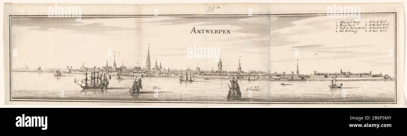 Gezicht op Antwerpen Antwerpen (titel op object) Blick auf Antwerpen von der Schelde aus. Rechts eine Legende 1-8. Hersteller : Druckmaschine: Caspar Merian Verlag: Caspar Merian Herstellung: Frankfurt Datum: 1654 - ca. 1700 Physikalische Merkmale: Ätzung und Engras; aus 2 Platten im zweiten Blechmaterial herausgepresst: Papiertechnik: Ätzung / Engras (Druckverfahren) / Paste Abmessungen: Blatt: H 135 mm (besteht aus zwei zusammengeklebten Blechen, einschließlich innerhalb der Plattenkante) Plattenkante b 360 mm (besteht aus 2 zueinander eingeklebten Blechen) Kommentare Drucken verwendet: Zeiller, Martin. M.Z. Topog Stockfoto