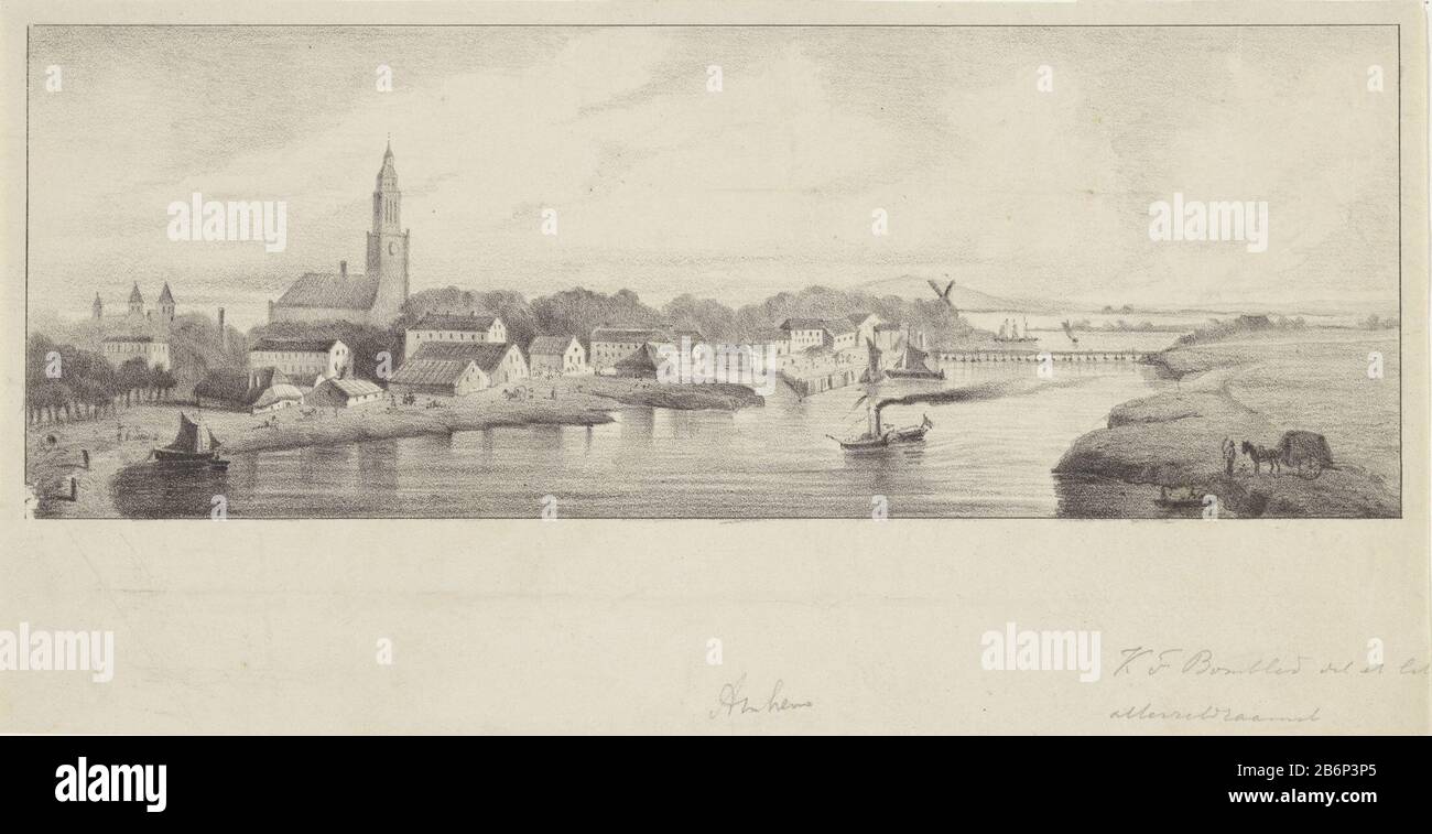 Gezicht op Arnhem Am linken Flussufer liegt Arnhem. Der Fluss transportiert ein Dampfschiff. Am rechten Ufer befindet sich eine Figur mit einem Pferdewagen an einem Stiefel. Hersteller : Druckmaschine: Charles Frederick Bombled (angegeben auf dem Objekt) Datum: 182-1902 Physikalische Eigenschaften: Lithographisches Material: Papiertechnik: Lithographie (Technik) Abmessungen: Blatt: H 151 mm b × 295 mm Betreff: Flussschiffteam, motorschiffes Zweiradfahrzeug, gezeichnet von einer Tierlandschaft der gemäßigten Zone, römisch-katholische Kirche Wo: Arnhem Stockfoto