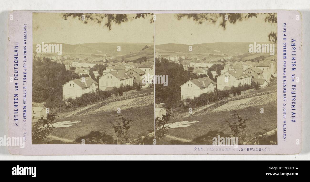 Ansicht von Bad Schwalbach Panorama / LSchwalbach (titel op object) Ansichten von Deutschland (serietitel op object) Ansicht von Bad SchwalbachPanorama V L.Schwalbach (title object) Ansichten von Deutschland (title object) Objekttyp:. Stereobild Artikelnummer: RP-F13584 Aufschriften / Marken: Nummer, Nachschrift, gedruckt "214." Hersteller: Fotograf: Johann Friedrich Stiehm (denkmalgeschütztes Gebäude) Herausgeber: Sophus Williams & E. Linde & Co. (Denkmalgeschütztes Eigentum) Ort Herstellung: Fotograf: Bad Schwalbachuitgever: Berlin Datum: 1869 - 1872 Material: Pappe Papiertechnik: Albumindruck d Stockfoto