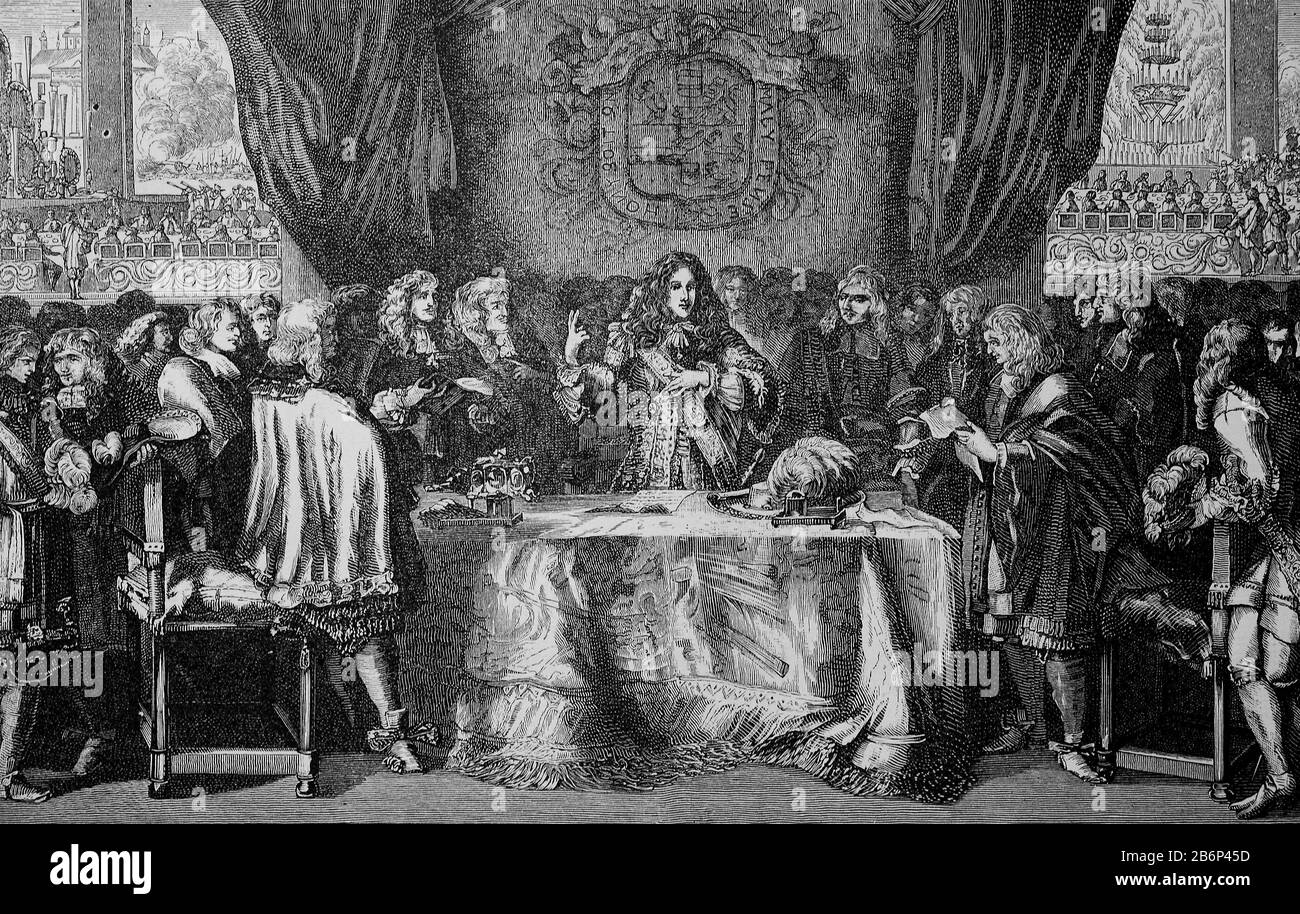 Der holländische Krieg, auch Niederländisch-Französischer Krieg genannt, war ein gesamteuropäischen Militärkonflikt, der von 1672 bis 1678 andauerte / Vereidigung Wilhelm III. Von Oranien als Statthalter, Generalkapitäne und Ober-Admiral von Holland, 1675, Der Holländische Krieg, auch Niederländisch-Franzischer Krieg genannt, war ein geisteskulturelles militärisches Konflikt, der von 1672 bis 1678 dauerte, historisch, digital verbesserte Wiedergabe eines Originals aus dem 19. Jahrhundert / Digitale Produktion einer Originale Stockfoto