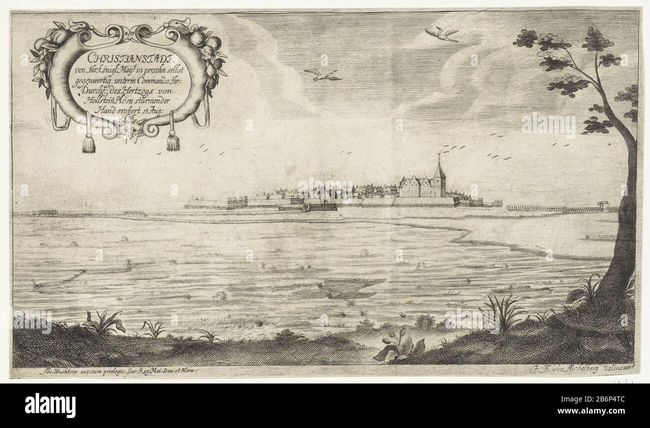 Blick auf die Festung Christian Stadt vom Ufer aus. Oben links in der Kartusche eine sechszeilige Beschriftung mit Hinweis auf die Einnahme von Christian Stadt am 15. August 1676 im Duits. Hersteller: Herausgeber: Abraham Wuchters (auf dem Objekt angegeben) Druckerhersteller: Anonym an die Zeichnung von: F.F. von Aichelberg (auf dem Objekt aufgeführt) Anbieter von Privilegien: Dänische Krone (auf der Liste) Anbieter von Privilegien: Norwegische Krone (auf der Liste stehende Immobilien) Ort Herstellung: Dänemark Datum: 1676 Physische Merkmale: Ätz- und Engra-Material: Papiertechnik: Ätzung / Engras (p Stockfoto