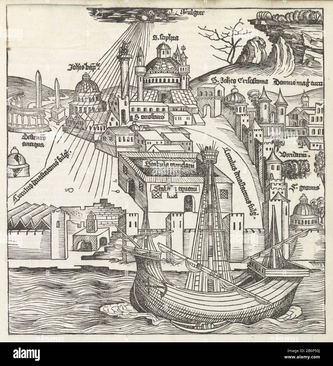 Gezicht op Constantinopel Liber Chronicarum (serietitel) Blick auf das konstantinopelische, im Vordergrund ein Schiff. In der Mitte des Hintergrunds steht die Haga Sophia. Links von der Spalte von Justinian nach dem Text schwer: Sturm geschlagen. Der Druck ist Teil eines Albums. Hersteller : Druckmaschine Michel Wolgemut (Studio) Druckmaschine: Wilhelm Pleydenwurff (Werkstatt) Ort Herstellung: Nürnberg Datum: 1493 Physikalische Merkmale: Holzschnitt auf Album-Blatt eingeklebt; Verso mit Holzschnitt und Textdruckmaterial: Papiertechnik: Briefpapier / Holzschnitt / Paste Abmessungen: Druck: H 240 mm × W 235 mmToelichDwoodcu Stockfoto