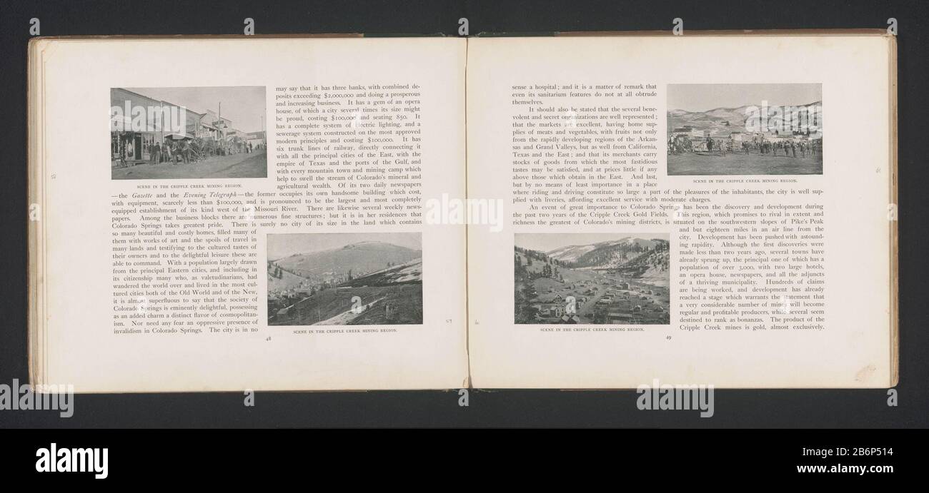 Gezicht op Cripple Creek Szene in der Bergbauregion Cripple Creek (Titel-Objekt) Cripple Creek Szene in der Bergbauregion Cripple Creek (Titelobjekt) Objektart: Fotomechanische Seite drucken Artikelnummer: RP-F 2001-7-899-60 Hersteller: Fotograf: Anoniemklischeemaker: N. Y. Photo Engra Co. (Fotograf In Der Liste): Hersteller: Creekple: Clichemaker: Clichemaker: Clichemaker New York Datum: C. keins - oder für 1893 Material: Papiertechnik: Autotypie Abmessungen: Druck: H 60 mm × W 101 mmToelichtingPrent Seite 49. Betrifft: Stadtansicht im Allgemeinen; "Veduta'mountäne Stockfoto