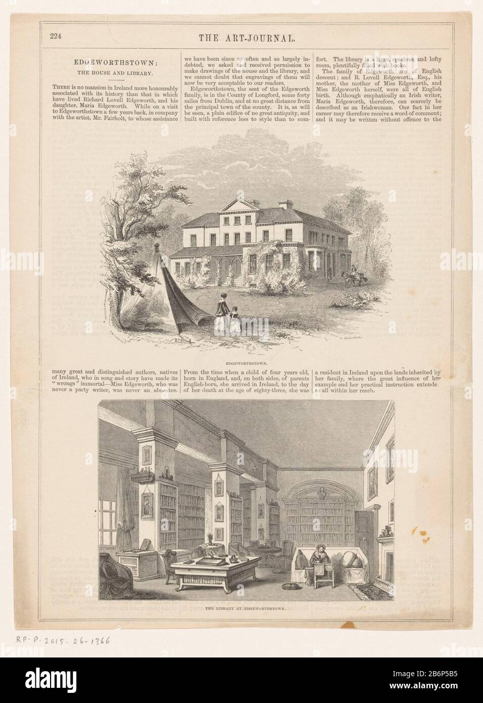 Gezicht op Edgeworthstown en interieur van de bibliothekek Edgeworthstown Die Bibliothek in Edgeworthstown (titel op object) Zwei Illustrationen auf einer Seite über einem Gesicht auf dem Haus; unter dem Inneren der Bibliothek. Text auf recto und verso. Links oben mit der Nummer 224. Hersteller : Druckerhersteller Thomas Heaviside (unter Denkmalschutz stehende Immobilien) entworfen von Frederick William Fairholt (denkmalgeschütztes Gebäude) Druckerhersteller: George S Measom (denkmalgeschütztes Gebäude) Herausgeber: George Virtue Place Manufacturing: London Datum: 1849 Physische Merkmale: Holzfahrzeugmaterial: Papiertechnik: Holz-Enga Abmessungen: Blatt: H 280 mm × W 209 mmToelicht Stockfoto