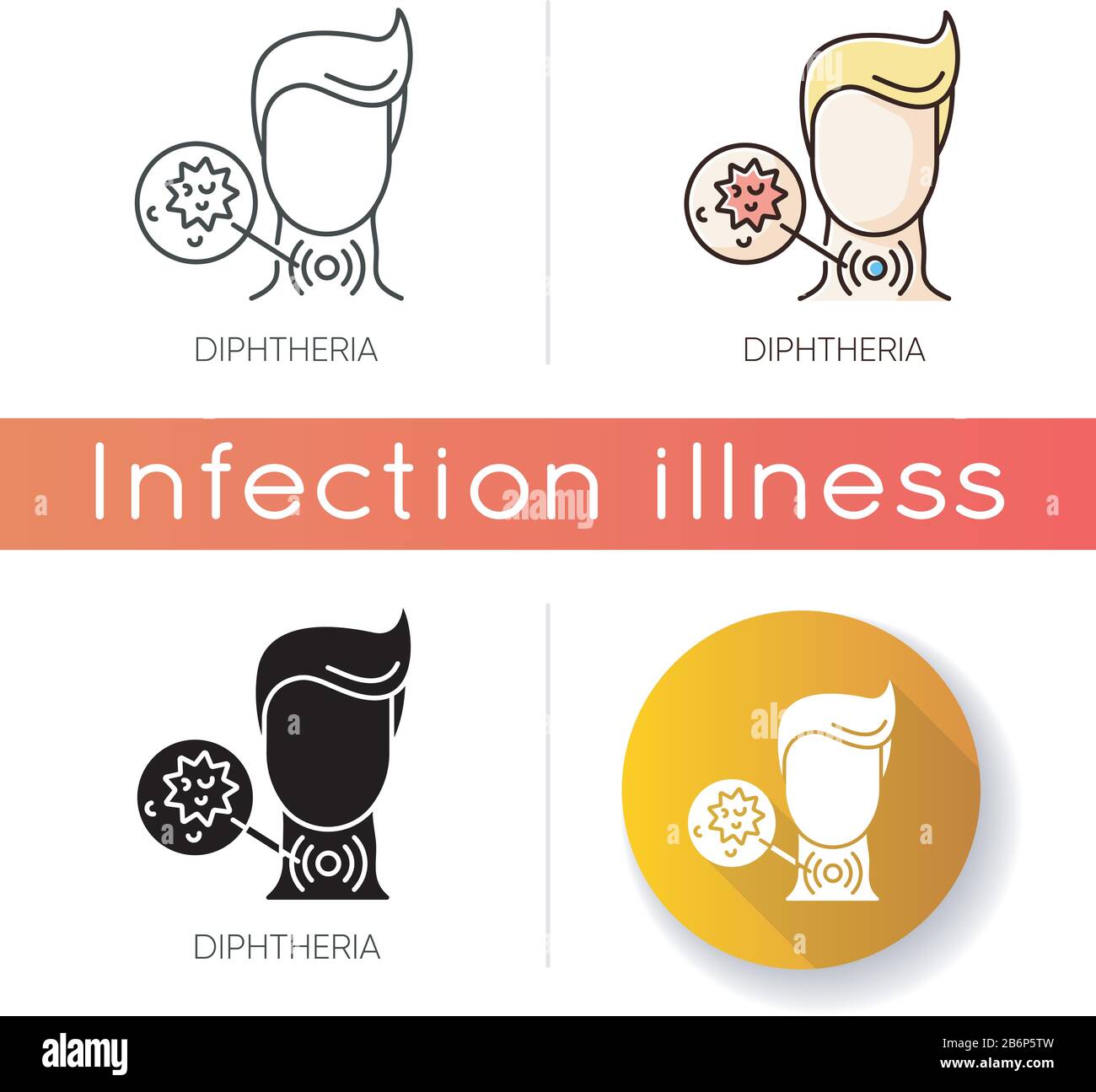 Diphtherie-Symbol. Lineare schwarze und RGB-Farbstile. Ansteckende Infektionskrankheit, gefährliche orale Infektion. Medizinische Diagnose. Halsschmerzen, Atemnot Stock Vektor