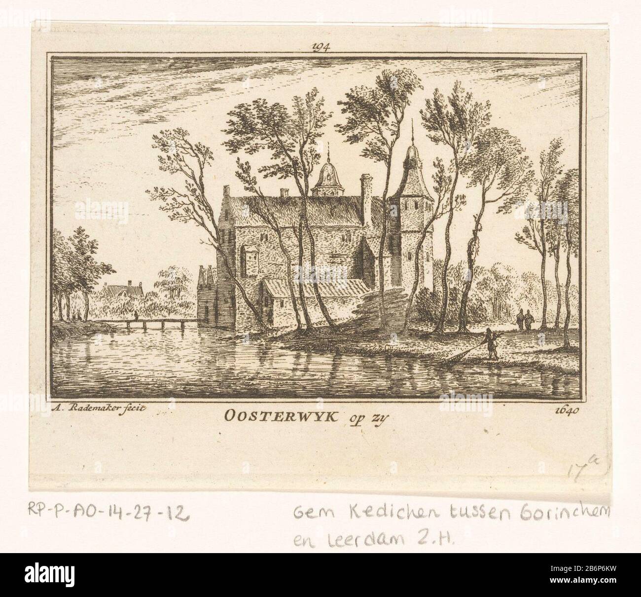 Gezicht op Huis Ooosterwijk, 1640 Oosterwyk op zy 1640 (titel op object) Blick auf die Seite des Hauses Oosterwijk, in Heukelum, in der Situation um 1640. Im Vordergrund ein Fischer mit einem Schepnet. Hersteller : Druckmaschine: Abraham Rademacher (auf dem Objekt angegeben) Ort Herstellung: Amsterdam Datum: 1725 - 1803 Material: Papiertechnik: Ätzung / Engras (Druckverfahren) Maße: Plattenkante: H 84 mmblad b 110 mm (linke Innenkante) Kommentare Drucken auch in: Rademaker, Abraham verwendet. Kabinett Dutch Outheden und Gesichter: Konstant in 300 Banken enthalten (...). 2 Teile. Amsterdam: Wi Stockfoto