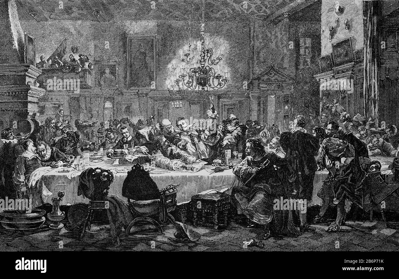 Bankett der Wallenstein-Generäle am 12. Januar 1634, dem Dreißigjährigen Krieg / Gastmahl der Wallensteinschen Generale am 12. Januar 1634, Dreisigjähriger Krieg, historisch, digital verbesserte Wiedergabe eines Originals aus dem 19. Jahrhundert / Digitale Produktion einer Originalanlage aus dem 19. Jahrhundert. Jahrhuntert, Stockfoto
