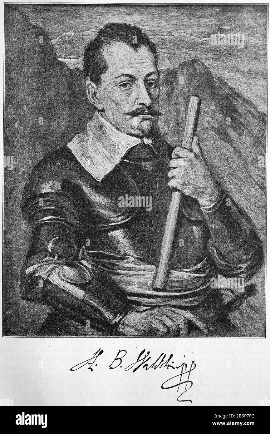 Wallenstein, eigentlich Albrecht Wenzel Eusebius von Waldstein, 24. September 1583 - 25. Februar 1634, war ein böhmischer General und Politiker. Er ist eine der bekanntesten Persönlichkeiten des Dreißigjährigen Krieges / Wallenstein, eigentl. Albrecht Wenzel Eusebius von Waldstein, 24. September 1583 - 25. Februar 1634, war ein böhmischer Feldherr und Politiker. Er ist eine der besten Persönlichkeiten des dreißigjähigen Krieges, historisch, digital verbesserte Wiedergabe eines Originals aus dem 19. Jahrhundert / Digitale Produktion einer Originalanlage aus dem 19. Jahrhundert. Jahrhuntert, Stockfoto