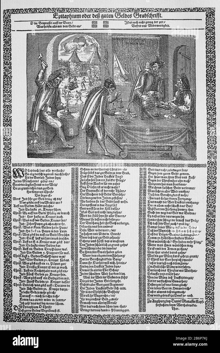 Spottende Folie zur Fälschung von Münzen zur Zeit des Dreißigjährigen Krieges / Spottblatt auf der Münzausgabe zur Zeit des dreijähigen Krieges, historisch, digital verbesserte Wiedergabe eines Originals aus dem 19. Jahrhundert / Digitale Produktion einer Originalanlage aus dem 19. Jahrhuntert, Stockfoto