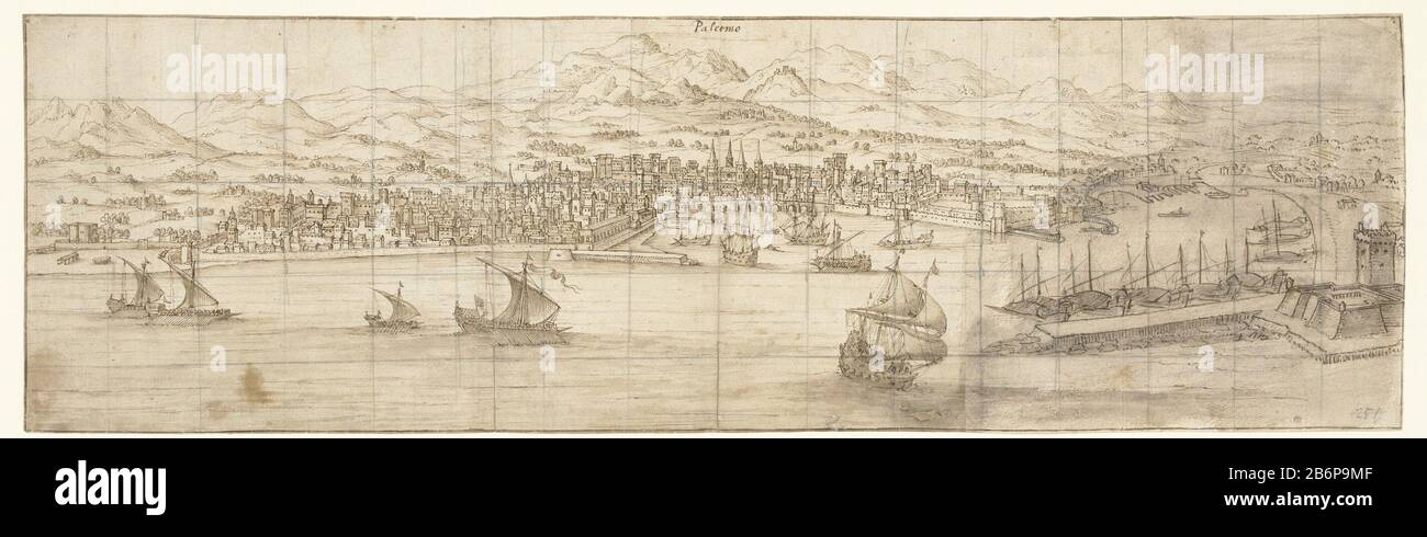 Gezicht op Palermo met de Molo Nuovo Blick auf Palermo mit der Eigenschaft Molo Nuovo Typ: Zeichnung Objektnummer: RP-T-00-554 (R) Herstellung Schöpfer: Illustrator Joris Hoefnagel Zum Drucken von French High Mountain Datum: 1595 - 1601 Physische Merkmale: Stift in Schwarz, Bürste in braunem Material: Papiertinte Technik: Stift-/Bürstenabmessungen: H 214 mm × W 710 mmOnderwerp Stockfoto