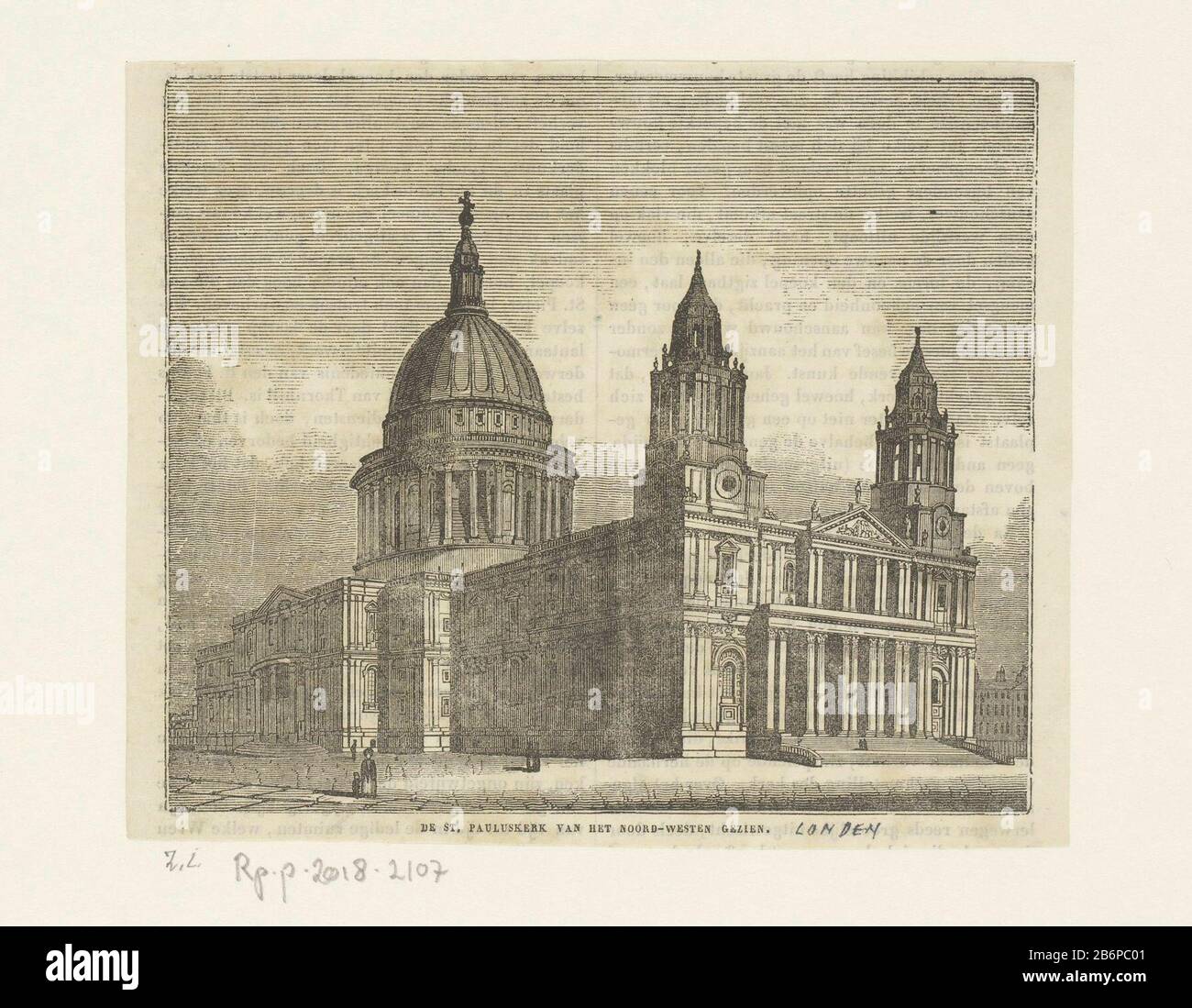 Gezicht op St Pauls Cathedral vanuit het noordwesten, te Londen De St Pauluskerk van het noord-westen gezien (titel op object) With Dutch Text verso. Hersteller: Druckmaschine: Anonymer Verleger: Brüder Diederich Herstellung: Amsterdam Datum: 18372 Physische Merkmale: Holzwagen; mit Text zum Verso-Druckmaterial: Papiertechnik: Holzengra / Druckformate: Blatt: H 140 mm × W 168 mmToelichtingBrent verwendet: Niederländische Zeitschrift für die Verbreitung allgemeiner und nützlicher Qualifikationen. Amsterdam: Brüder Diederichs, 1837. Betrifft: Kirche (außen) Wo: St. Pauls Kathedrale Stockfoto