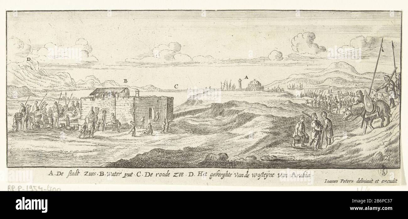 Blick auf die Stadt Suez. Im Hintergrund das Rote Meer. Im Vordergrund ein Brunnen, in dem sich ein Wohnwagen selbst befindet. Das Bild hat eine Bildunterschrift mit Hinweisen auf holländische Gebäude und Plätze auf dem Prent. Hersteller: Druckmaschine: Gaspar Bouttatsnaar Zeichnung: Jan Peeters (I) (denkmalgeschütztes Gebäude) Herausgeber: Jan Peeters (I) (denkmalgeschütztes Gebäude) Herstellung: Antwerpen Datum: 1672 Physikalische Eigenschaften: Ätzmaterial: Ätztechnik: Ätzmaße: Blatt: 115 mm × h 263 b mm Betreff: Quelle, Fluss oder Str Stockfoto
