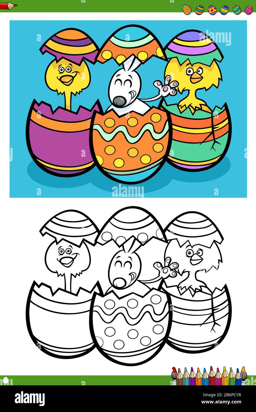 Cartoon-Illustrationen von Oster Bunny und Chicks mit Eggs Coloring Book Page Stock Vektor