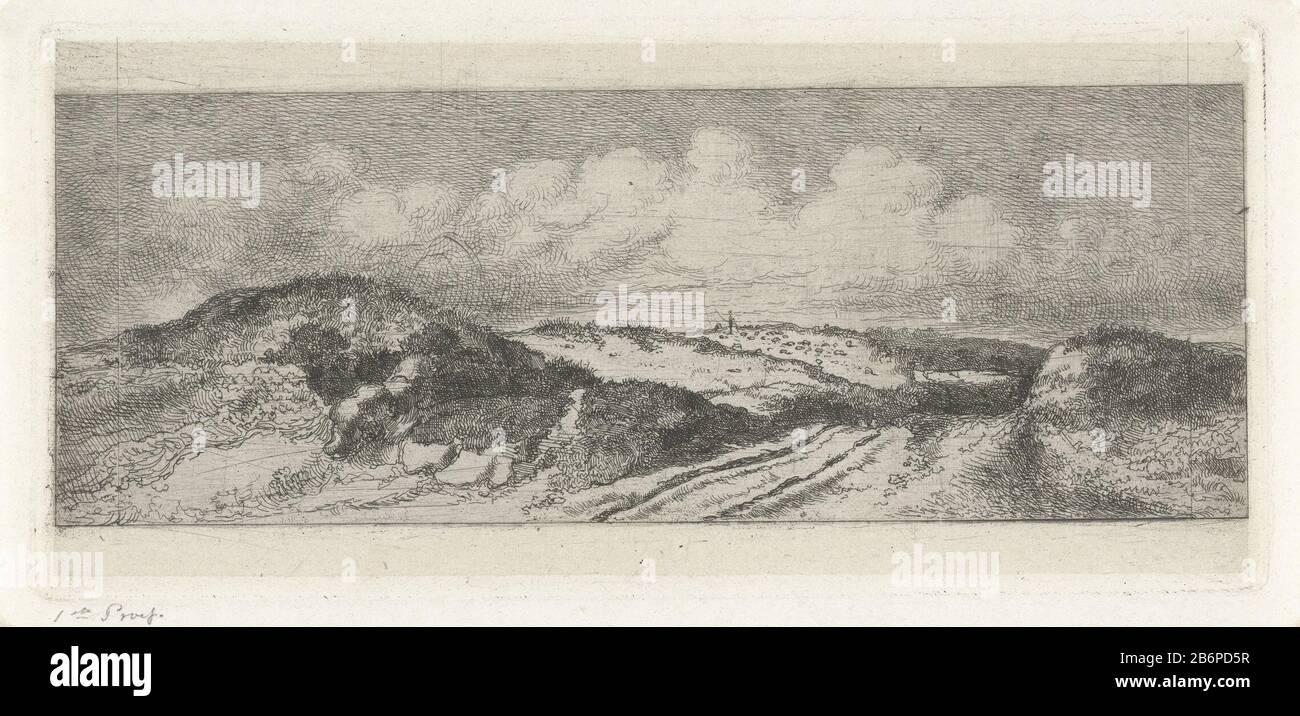 Gezicht op Wassenaar vanuit de duinen Dünen. Im Hintergrund das Dorf Wassenaar. Hersteller: Druckmaschine: Jacobus Ludovicus Cornet zur Gestaltung: Jacobus Ludovicus Cornet Herstellung: Leiden Datum: 1830-1882 Physikalische Merkmale: Radierung; Proofing Material: Papiertechnik: Ätzmaße: Plattenkante: H 105 mm × W 229 mm Betreff: Dünen (nicht sichtbares Meer); in den Dünen, wo: Wassenaar Stockfoto