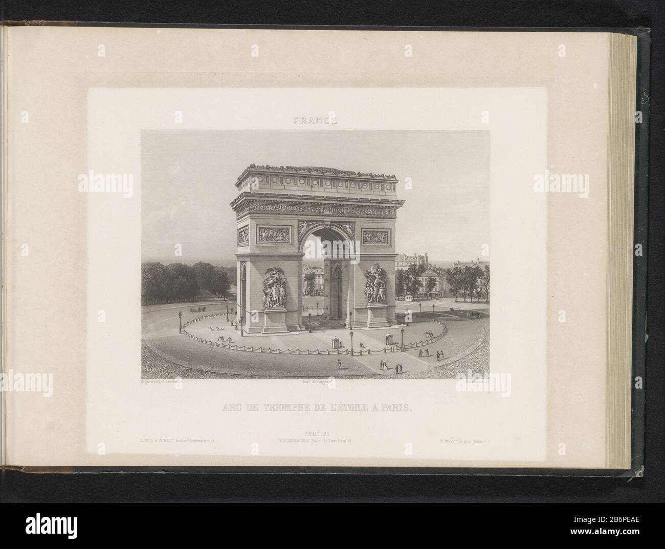 Blick auf den Triumphbogen zum ParijsArc de Triomphe de l'Etoile a Paris (Titelobjekt) Frankreich (Serientitel) Objektart: Seite drucken Artikelnummer: RP-F 2001-7-1540-43 Aufschriften / Marken: Beschriftung, Nachzeichnung, gedruckt: "Rittner & Goupil Boud Montmartre 15'ophrift, Nachzeichnung, gedruckt: NP'nevours, Lopereboure: "Hr. Bossance Quai Voltaire 11' Hersteller : Druckerhersteller Johann Hürlimann (denkmalgeschütztes Eigentum) zum Zeichnen: Anonym auf Bildern von Noël Marie Paymal Lerebours (denkmalgeschütztes Gebäude) Drucker: Bougeard (denkmalgeschütztes Gebäude) Herausgeber: Noël Marie Paymal Lerebour Stockfoto