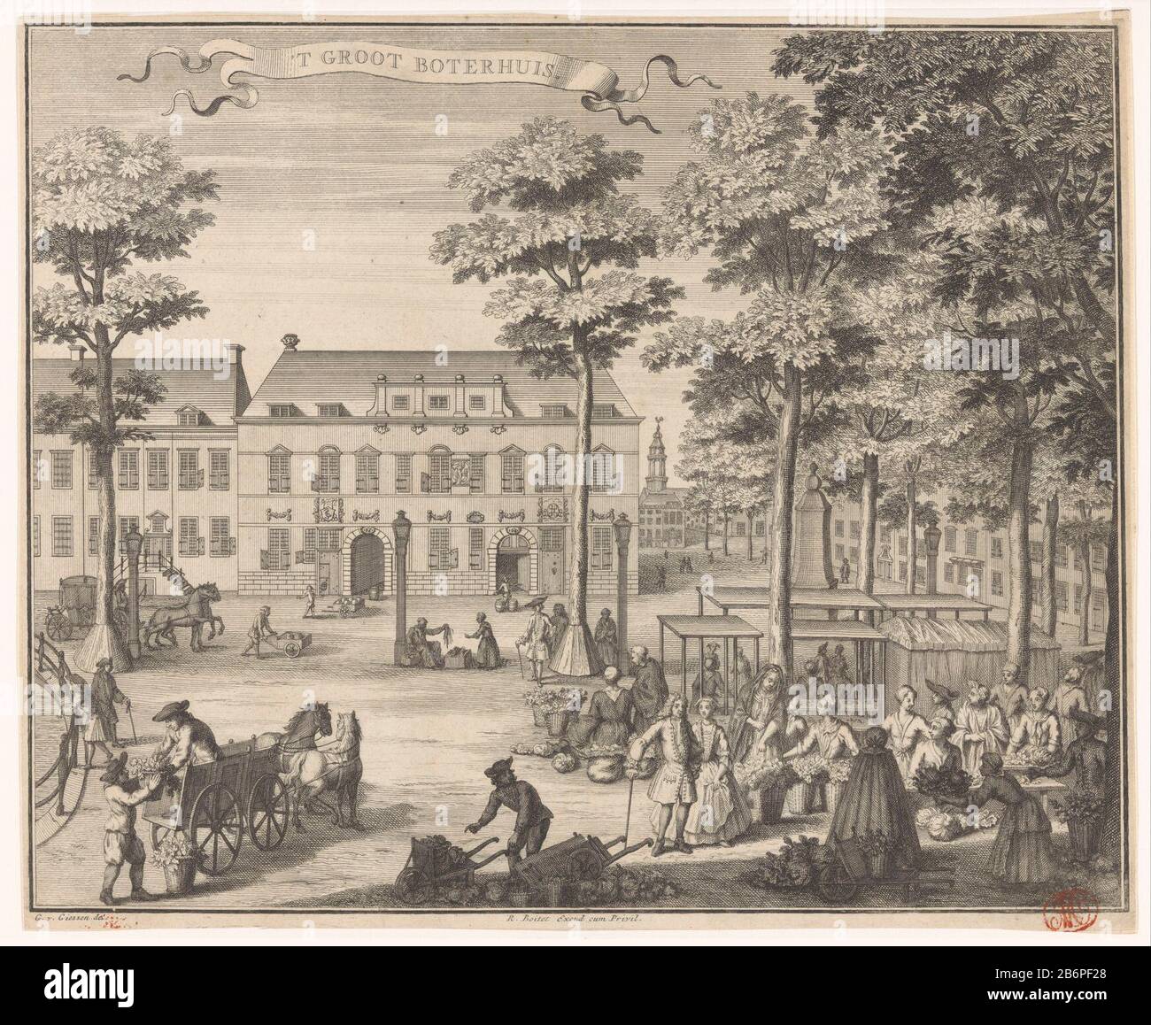 Gezicht op de Boterwaag te den Haag 't Groot Boterhuis (titel op object) Blick auf den Boterwaag, auch "Big Butter House" genannt, am Grote Markt in den Haag. Im Vordergrund mehrere Marktstände und figuren. Hersteller: Druckmaschine: Anonym zur Zeichnung: Gerrit van Gießen (denkmalgeschütztes Gebäude) Herausgeber: Reinier Boitet (denkmalgeschütztes Gebäude) Herausgeber: Adrianus Douci Pietersz Anbieter von Privilegien Unbekanntes (denkmalgeschütztes Eigentum) Ort Herstellung: Auf Bestellung von: Der Haager Verleger: Delft Herausgeber: Amsterdam Datum: 1730 Material: Papiertechnik: Radierung / Engra (Druckverfahren) Messungen: Stockfoto