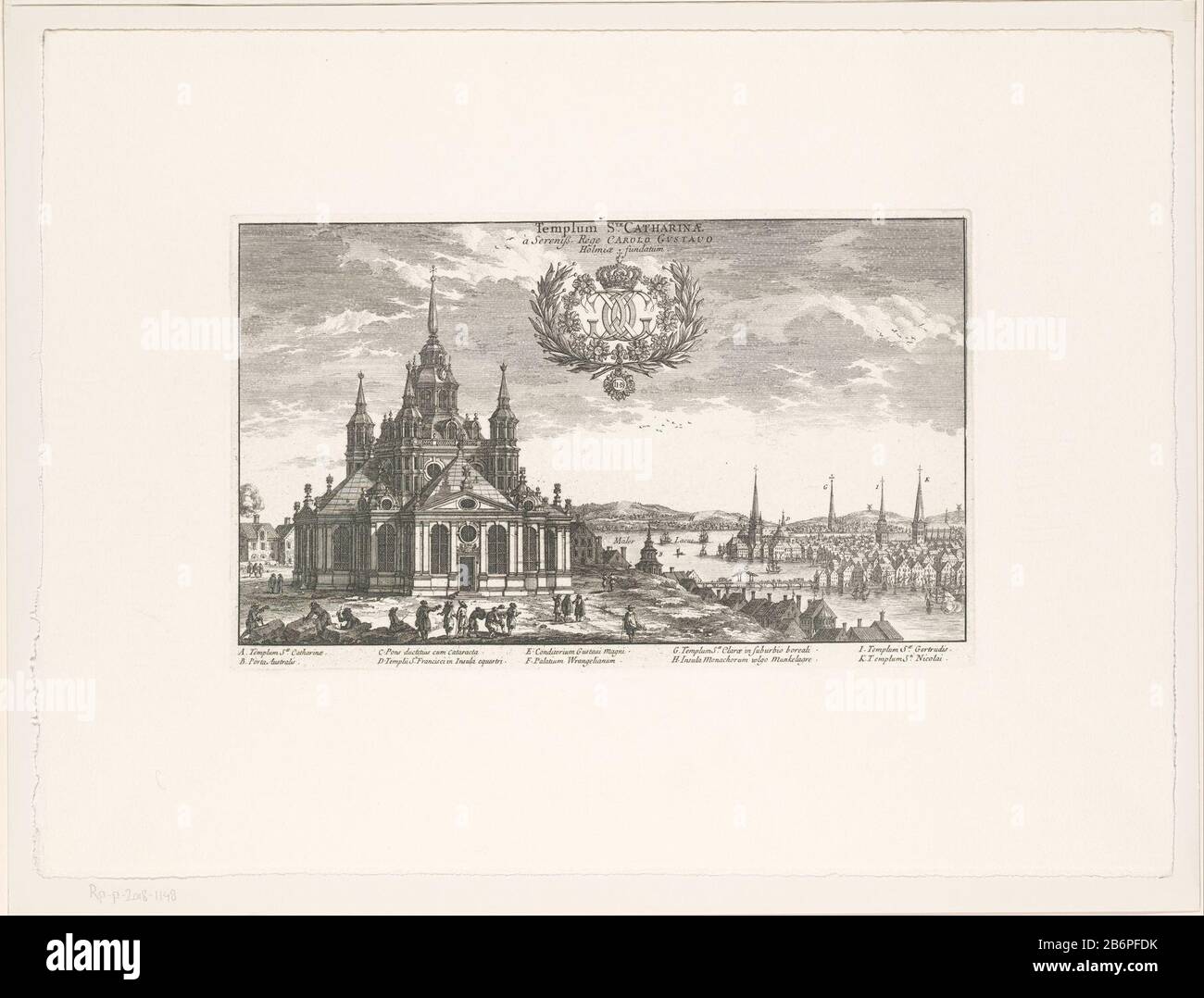 Blick auf die Catharinakerk zum StockholmTemplum Ste. Catharinae à Sereniss Government Carolo Gustavo Holmiae Fundatum (Titelobjekt) Objekttyp: Bild Artikelnummer: RP-P-2018-1148 Aufschriften / Marken: Sammlermarke, Verso, gestempelt: "Nationalmuseum Nytryck" Hersteller: Druckerhersteller: Anonym (denkmalgeschütztes Gebäude) Von 1699 - 1715 und / oder in oder für Ca. 1971 Material: Papiertechnik: Ätzmaße: Plattenkante: H 211 mm × W 344 mmToelichtingPrent ursprünglich verwendet in: Dahlberg, Erik Jonsson. Suecia antiqua et Hodierna. 3 Teile. Stockholm S. N., 1699-1715. Betrifft: Kirche (außen) Whe Stockfoto