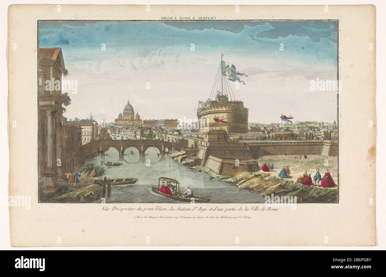 Blick auf die Engelsburg und Ponte Sant'Angelo über den Tiber in Rom Chateau S Ange à Rom (Titelobjekt) Objekttyp: Druckoptik Abbildung Artikelnummer: RP-P-1925-1324 Aufschriften / Marken: Sammlerzeichen, unten rechts, gestempelt: Lugt 2166Wassermerk Hersteller: Herausgeber: Jacques Gabriel Huquier (auf dem Objekt angegeben) Druckerhersteller: Anonymer Standort Herstellung: Verlag: Paris Drucke Autor: Frankreich Datum: 1735 - 1805 Physikalische Eigenschaften: Farbiges Ätzmaterial: Papier Aquarell Technik: Ätzung / Pinselmaße: Plattenkante: H 281 mm × b 418 mm Betreff: In cit Stockfoto