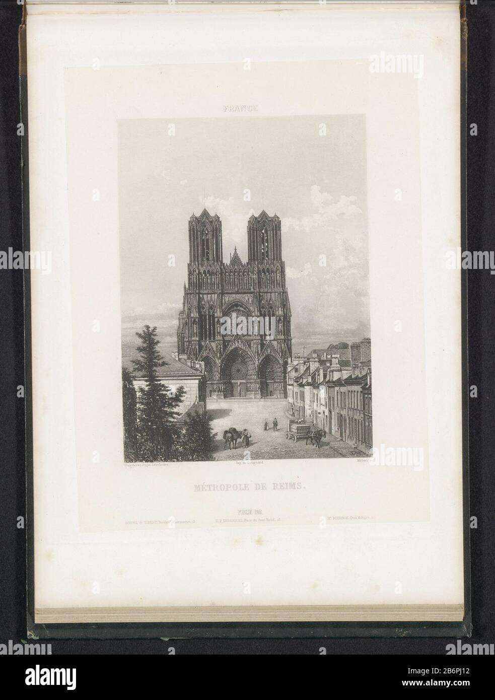Blick auf die Kathedrale von Reims ReimsMétropole (Titelobjekt) Frankreich (Serientitel) Immobilientyp: Seite drucken Artikelnummer: RP-F 2001-7-1540-53 Aufschriften / Marken: Aufschrift, Rekto, gedruckt: "Rittner & Goupil Boulevd Montmartre 15'ophrift, recto, Printed:" NP Lerebours Place du Pont Neuf 15'oprift, gedruckt: "HR". Bossance Quai Voltaire 11' Hersteller : Druckerhersteller: Webert (denkmalgeschütztes Eigentum) zum Zeichnen: Anonym auf Bildern von Noël Marie Paymal Lerebours (denkmalgeschütztes Gebäude) Drucker: Bougeard (denkmalgeschütztes Gebäude) Herausgeber: Noël Marie Paymal Lerebours (denkmalgeschütztes Objekt) Herausgeber: Rittne Stockfoto