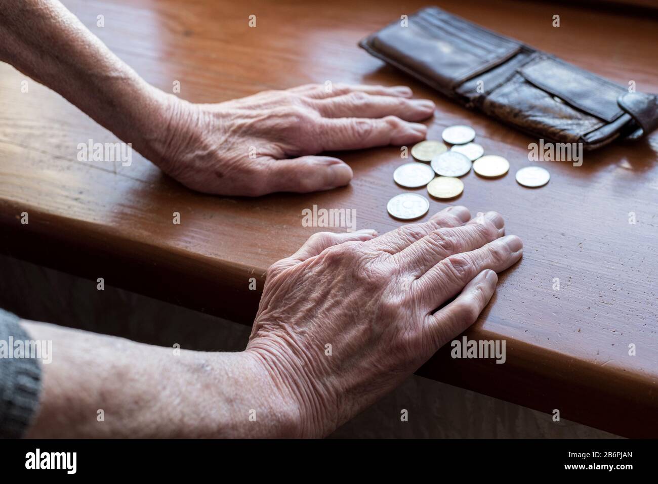 Hände einer älteren Frau, die Geld zählt. Das Konzept der Armut, des niedrigen Einkommens, der Sparpolitik im Alter. Stockfoto