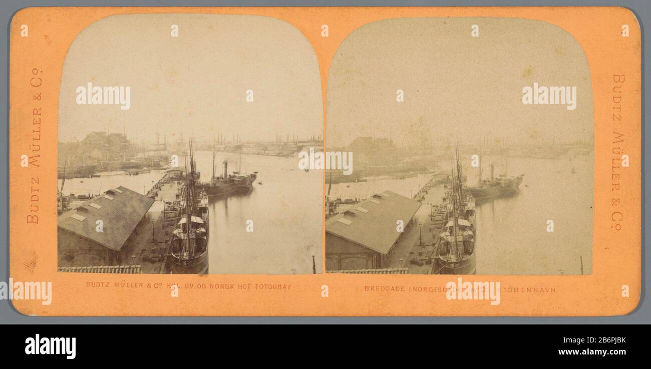 Gezicht op de Kvaesthusbroen in Kopenhagen Kvaesthusbroen (titel op object) Ansicht der Kvaesthusbroen in KöffhagenKvaesthusbroen (title object) Objektart: Stereobild Artikelnummer: RP-F12391 Aufschriften/Marken: Adresse, Nachschrift, GAdrucken: "Bredgade" KJÖBENHAVN (Platz: Copenhagen): Gortzo. Material: Papppapier Technik: Albumindrucke Abmessungen: Sekundäres Medium: H 88 mm × W 179 mm Betreff: Pier, Kai, Schlafschiffe (im Allgemeinen) - CC - mehr als ein Schiff wo: Kopenhagen Stockfoto