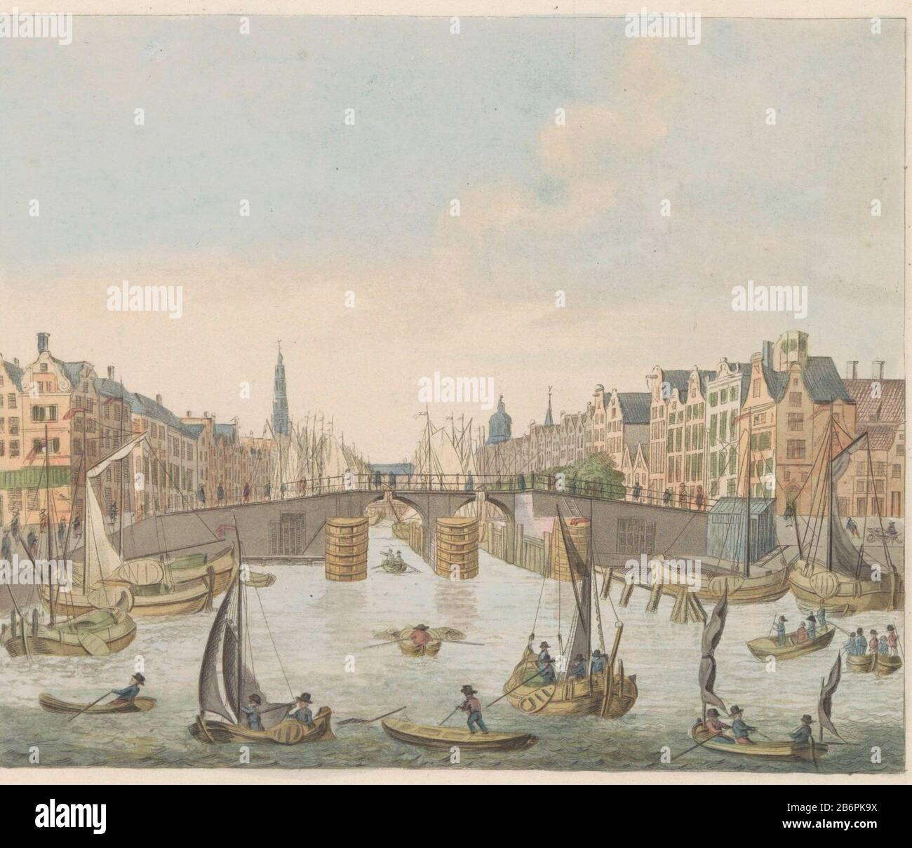 Gezicht op de Nieuwe-Brug, ca. 1810-1810 Vue du Pont-Neuf, Pry de l'Y le Long du Water et Damrak jusqu'au Dam (titel op object) die neue Brücke und den Staudamm, wie sie vom IJ, Amsterdam, aus gesehen werden, Ca. 1810-1810. Teil eines Blechs von ca. 1824-182574 (nicht nummerierten) Platten der wichtigsten topografischen Ansichten und verschiedener Gewohnheiten und Bräuche im Vereinigten Königreich Nederlanden. Hersteller : Aufsicht: Evert Maaskamp (denkmalgeschütztes Gebäude) Druckereiunternehmen: Anonymer Verleger Evert Maaskamp Ort Herstellung: Amsterdam Datum: 1810 - 1810 und / oder 181-25 - 1825-25 Körperliche Merkmale: Radierung, Aqua Hue und gr Stockfoto