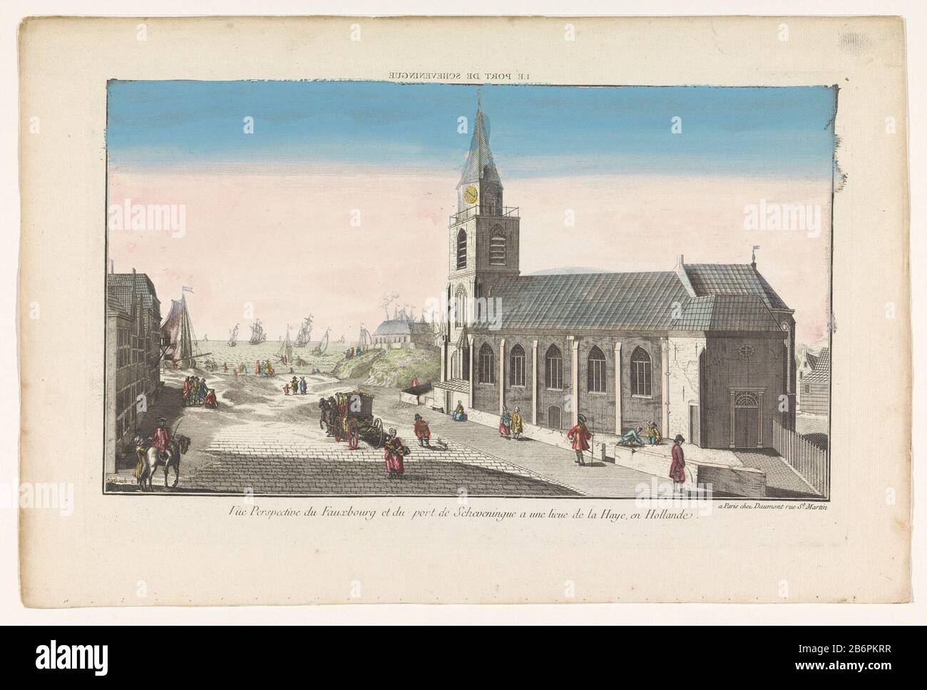 Gezicht op de Oude Kerk en de Haven te Scheveningen Le Port de Scheveningue (titel op object) Op de achtergrond staat het zomerverblijf Nieuw-Soetenburgh op een duin. Hersteller : uitgever: Jean-François Daumont (vermeld op object)prentmaker: Pierre Gabriel Berthault (vermeld op object)Plaats Herstellen: Parijs dating: 1745 - 1775 Physische Kenmerken: Ingekleurde ets Material: Papier waterverf Techniek: Etsen / Penseel Abmessungen: Plaatrand: H 268 mm × 4b 31 Subjekt: Meer (Seascape) (+ Landschaft mit Figuren, Mitarbeiter)Segelschiff, Segelboot-Boot, Kanu, etc.church (exterio Stockfoto