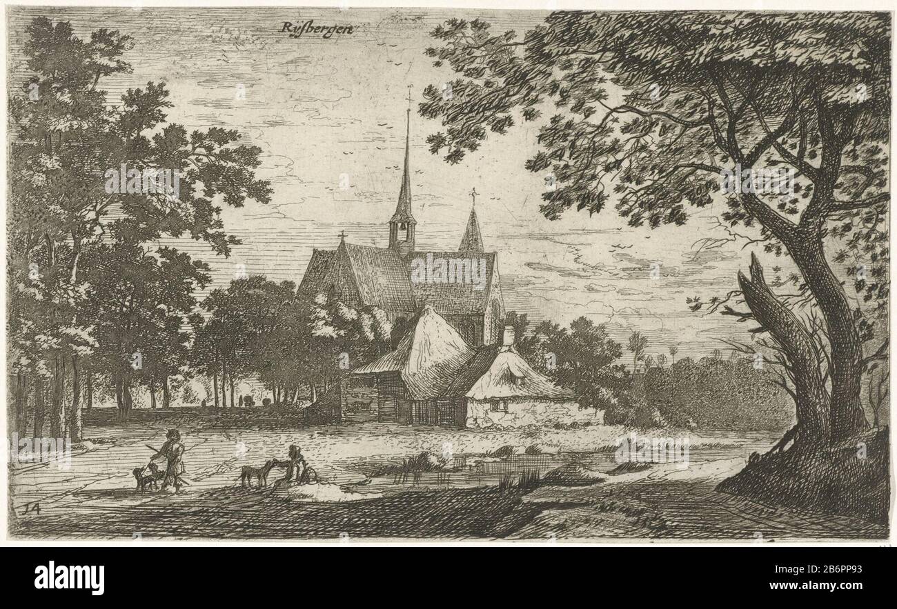 Gezicht op de Sint-Willibrorduskerk te Klein-Zundert Rysbergen (titel op object) fälschlicherweise für ein Gesicht auf Rijsbergen gehalten. Es handelt sich um die voornalige St. Willibrord-Kirche von Klein-Zundert. Vorne zwei Figuren mit Honden. Hersteller : Druckmaschine: Roland RoghmanPlaats Herstellung: Amsterdam Datum: 1637 - 1692 Physikalische Eigenschaften: Ätzung und Engra-Material: Papiertechnik: Ätzung/Engra-Messungen (Druckverfahren): Blatt: H 121 mm × W 202 mm Betreff: Kirche (außen) Aussicht auf Dorf, Silhouette oder Villagedog Stockfoto