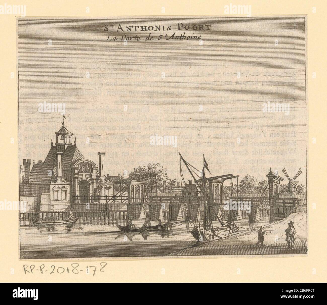 Gezicht op de Tweede Sint-Antoniespoort te Amsterdam St Anthonis Poort La Porte de St Anthoine (Titel op object) Blick auf das 1636 Erbaute Zweite St. Antonius-Tor und die zugehörige Brücke in Amsterdam, von außerhalb der Stadt aus gesehen. Nach der vierten Erklärung und dem Bau des ersten Muiderpoorts (1663) hatte dieses Gebäude seine Funktion als Tor verloren. 1670 wird es abgerissen. Auf verso Dutch tekst. Hersteller : Druckerhersteller Jan Veenhuysen (zugeschrieben) Herausgeber: Marcus Willemsz. Von Nick Place Herstellung: Amsterdam Datum: 1665 Physische Merkmale: Ätzung und Engras; mit Text im Brief Stockfoto