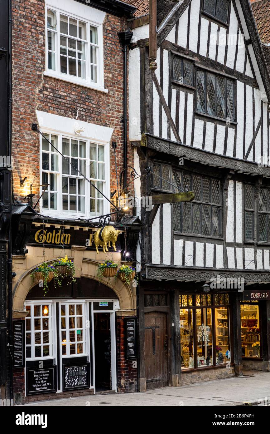 Golden Fleece Pub und mittelalterlichen Gebäuden von York, Yorkshire, England, Großbritannien Stockfoto