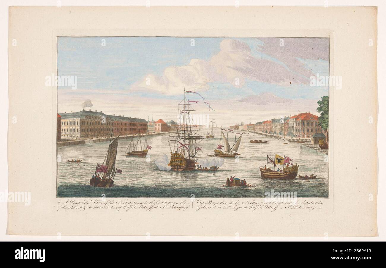 Gezicht op de rivier de Neva te Sint-Petersburg gezien vanaf de westzijde PERSPEKTIVISCHE Sicht auf die Newa, Richtung Osten () (titel op object) auf den Wassersegelschiffen und boten. Hersteller : Herausgeber: Robert Sayer (möglich) Druckmaschine: Anonymer Ort Herstellung: Verlag: London Drucke Autor: England Datum: 1745 - 1745 Physische Merkmale: Farbiges Ätzmaterial: Papier Aquarell Technik: Ätzung / Bürstenabmessungen: Plattenkante: H 260 mm × W 401 mm Betreff: Kanäle, Wasser (in der Stadt) (+ Stadt (-scape) mit Figuren, Mitarbeiter) Ruderboot, Kanu, usw. Segelschiff, Segelboot Civic Archi Stockfoto