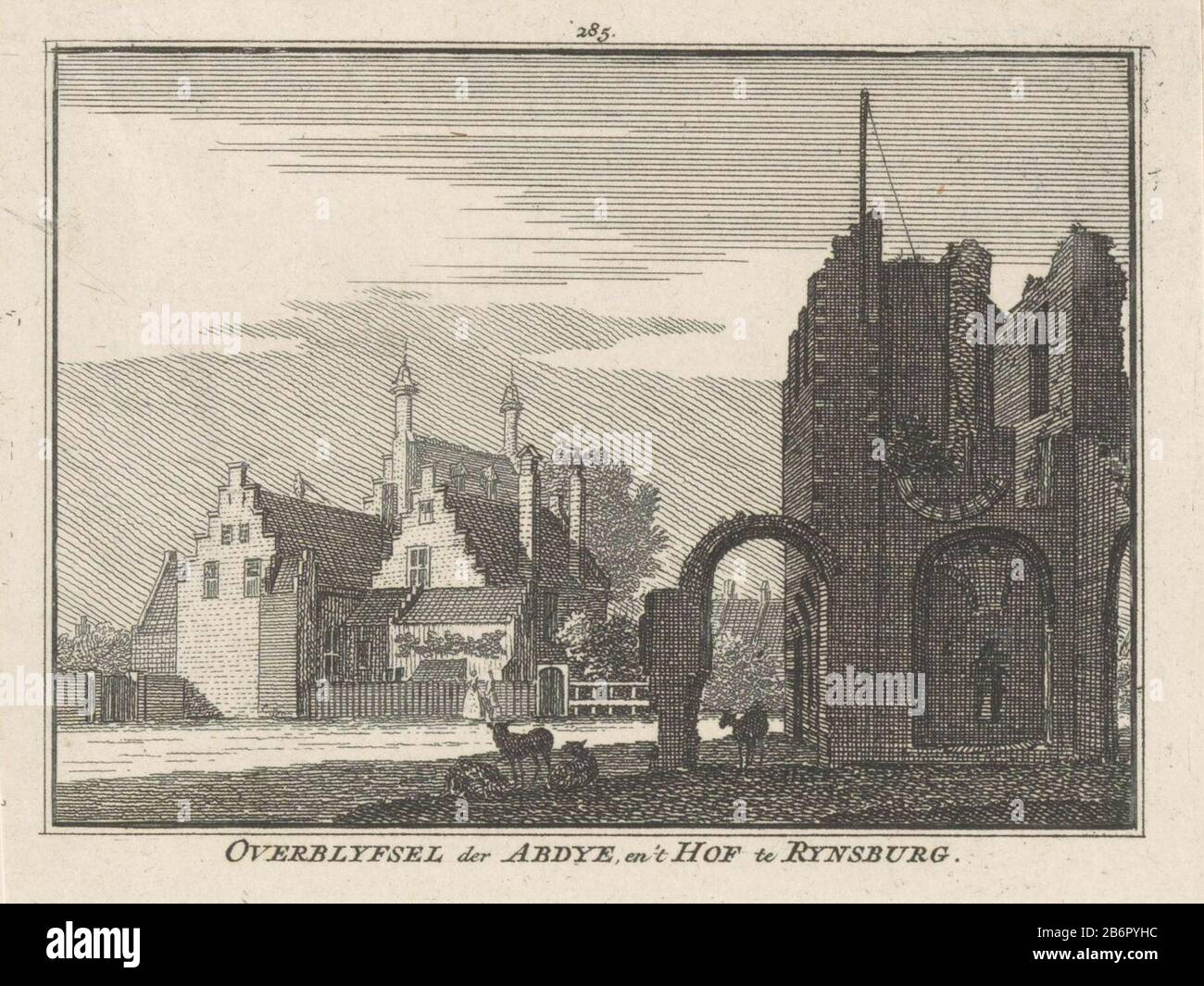 Direkt vor der Ruine ruinierte 1574 die Abtei und der linke Hinterhof Rijnsburg. Hersteller : Druckmaschine Hendrik Spilmannaar Zeichnung von Cornelis Pronk Herstellung: Haarlem Datum: 1.750 - 1.972 Material: Papiertechnik: Ätzung / Engraa (Druckverfahren) Abmessungen: Blatt: H 84 mm (Schnitt am Innenplattenrahmen) Plattenkante b 110 mmToelichtingPrent auch verwendet in: Die verheißerten Niederlande oder das Kabinett der heutigen Visionen von Städten, Dörfern (...). 9 Teile. Amsterdam: Isaak Tirion und Witwe Isaak Tirion, 1745-174, Bd. 3 (1750), Ill. 285. Oder: Holländische Szenen oder eine ordentliche Sammlung von neun Stunden Stockfoto