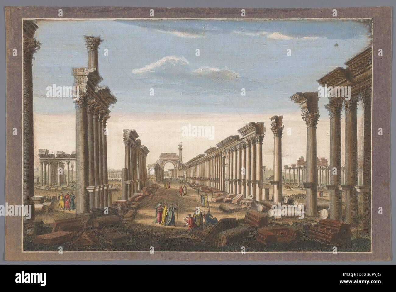 Am unteren Rand ein Glossar mit Zahlen. Hersteller : Herausgeber: Robert Sayer (möglich) Herausgeber: Thomas Bowles (II) (möglich) Herausgeber: John & Carington Bowles (möglich) Druckerhersteller: Anonymer Ort Herstellung: Herausgeber: London Herausgeber: London Verlag: London Druck-Autor: England Datum: 1745 - 1745 Physische Merkmale: Farbige Radierung auf violettem Papiermaterial eingeklemmt: Papierkarton Aquarelltechnik: Ätzung / Pinselmaße: Blatt: H 278 mm (Schnitt) × b 422 mm (abgeschnitten) Motiv: Landschaft mit Ruinen (+ Stadt (-scape) mit Figuren, Mitarbeiter) Kolonnadsucht, Archivolt  Archit Stockfoto