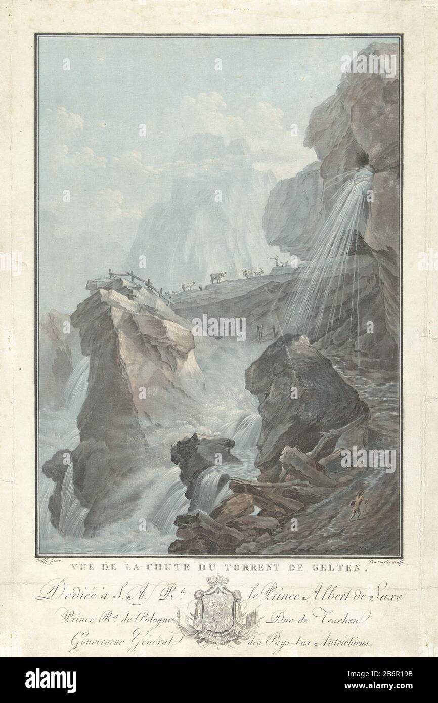 Gezicht op de waterval van Gelten Vue de la Chute du Torrent de Gelten (titel op object) Vues remarquables des montagnes de la Suisse (serietitel) Berglandschaft mit einem Wanderer auf einem steilen Weg neben einem Wasserfall. Über einen Hirten mit seiner Herde. Unter dem Präsentationstext und dem Wapenschild. Hersteller : Druckerhersteller Charles Melchior Descourtis (denkmalgeschütztes Eigentum) zum Gemälde von Caspar-Wolf (denkmalgeschütztes Gebäude) Herausgeber: Jacob Yntema (möglich) gewidmet Albert-Kasimir (Herzog von Sachsen) (auf dem Objekt abgebildet) Datum: 173-17810 Physikalische Merkmale: Radierung und Aqua-Farbton, Printe Stockfoto