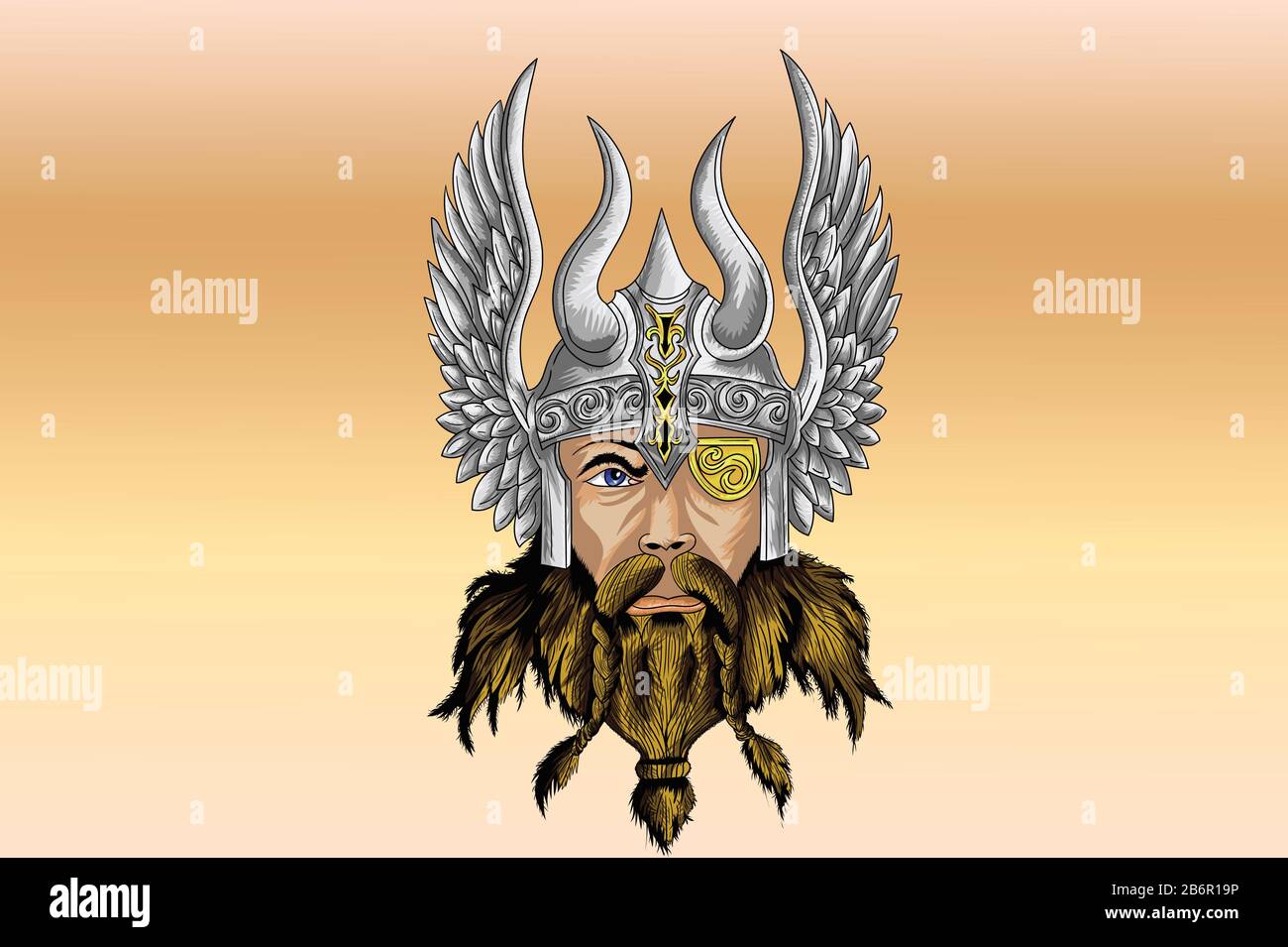 Farbabbildung eines wikingers mit einem Helm mit Flügeln und einem goldenen Glied über dem Auge Stockfoto