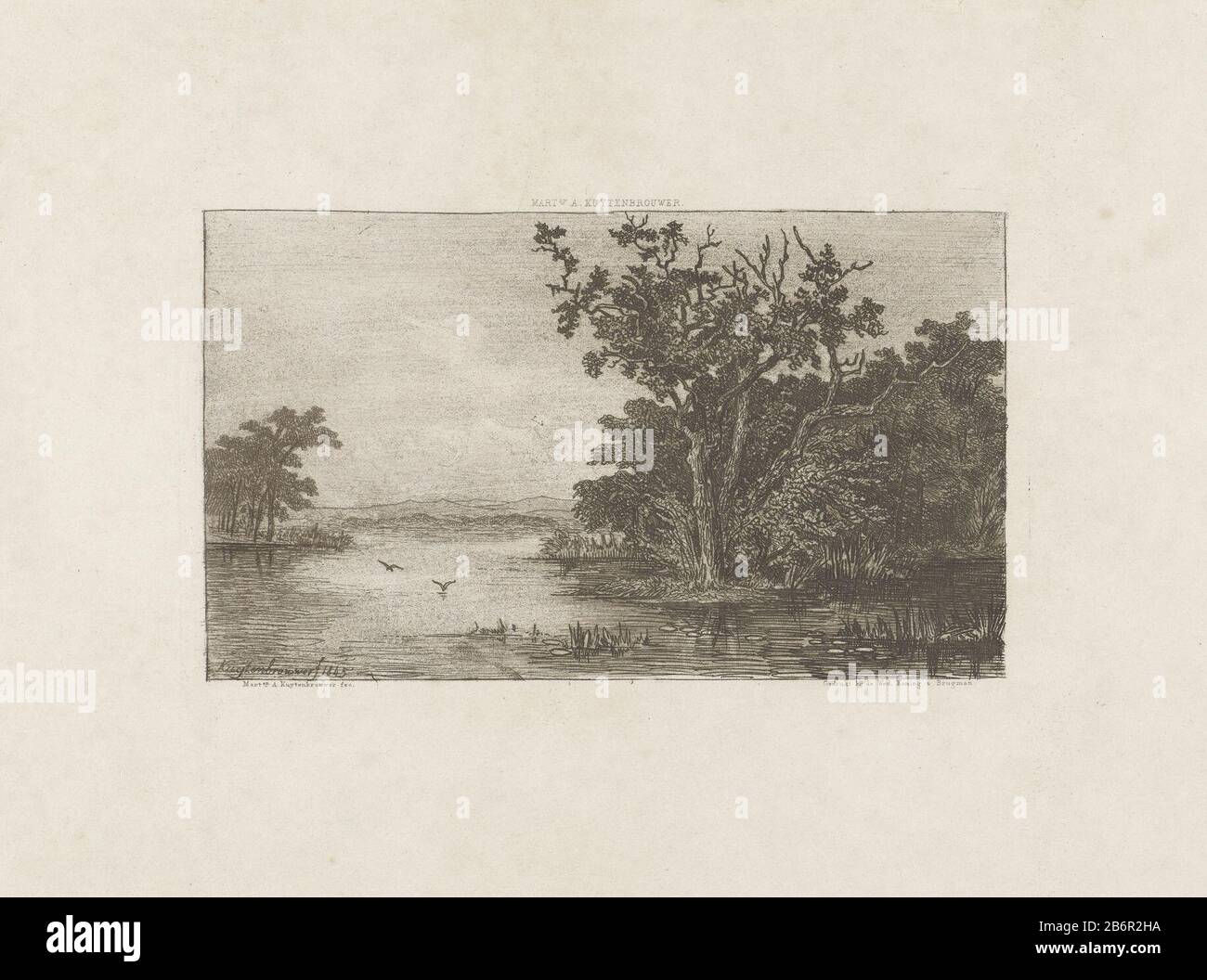 Blick auf einen See am Waldrand. Über dem See zwei vogels. Hersteller: Druckmaschine: Martinus Antonio Kuytenbrouwer Jr. (denkmalgeschütztes Gebäude) Drucker:. Witwe A. & J. F. König Brugman (auf dem Objekt angegeben) Ort Herstellung: Drucker: Den Haag Herausgeber: Amsterdam Datum: 165 Physikalische Eigenschaften: Ätzung und Mezzotintmaterial: Papiertechnik: Ätzung / Mezzotintmaße: Plattenkante: H 101 mm × W 169 mm Betreff: LB Vogelwald, Holz Stockfoto