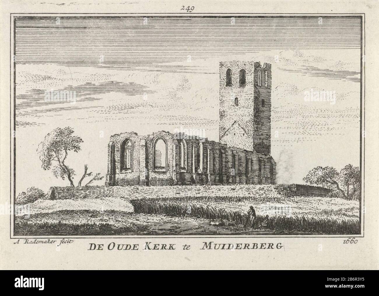 Blick auf die Ruinen der Alten Kirche in Muiderberg, die Situation um 1660. Im Vordergrund zwei Figuren in einem Akker. Hersteller : Druckmaschine: Abraham Rademacher (denkmalgeschütztes Gebäude) Herausgeber: Willem Barents Verlag: Antoni Schoonenburg Herstellung: Amsterdam Datum: 1727 - 1733 Physikalische Eigenschaften: Ätzmaterial: Papiertechnik: Ätzmaße: Plattenkante: H 80 mm × W 115 mmToelichtingIllustratie von: Abraham Rademaker, Matthaeus Brouërius von Niedek, Isaac Le Long, Kabinett Nederlandsche und Kleefsche outheden und (...) für bestimmte Stadtgrundstücke und Gebäude, Willem Ba Stockfoto