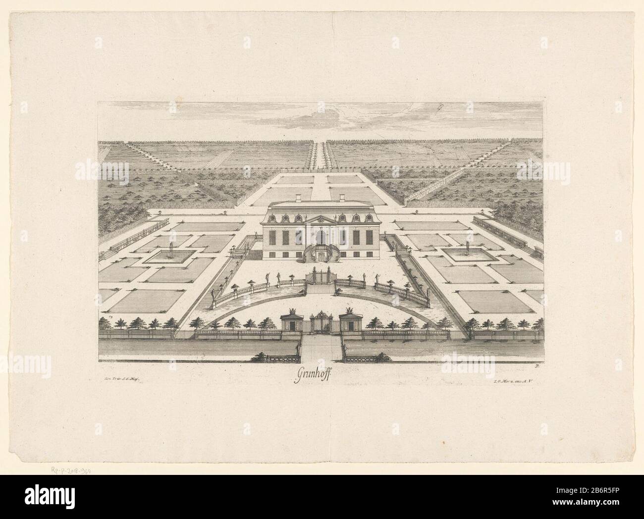 Gezicht op een landhuis Grunhof (titel op object) Blick auf ein Land, möglicherweise auf das ehemalige Schloss Grünhoff in der Stadt von Kalikow. Unten rechts nummeriert 3. Hersteller : Druckerhersteller Jean-Baptiste Broebes (möglich) Herausgeber: Johann Georg Merz (Listed Property) Anbieter von Privilegien unbekannt (Listed Property) Ort Herstellung: Augsburg Datum: 1733 Material: Papiertechnik: Ätzmaße: Plattenkante: H 299 mm × W 464 mmToelichtingPrent verwendet: Broesbes, Jean-Baptiste. Palais des Vues et Maisons de Plaisance de His Majesty le Roy de Prusse. Augsburg: Johann Georg Merz, 1733. Betrifft: Palast wo: SCH Stockfoto