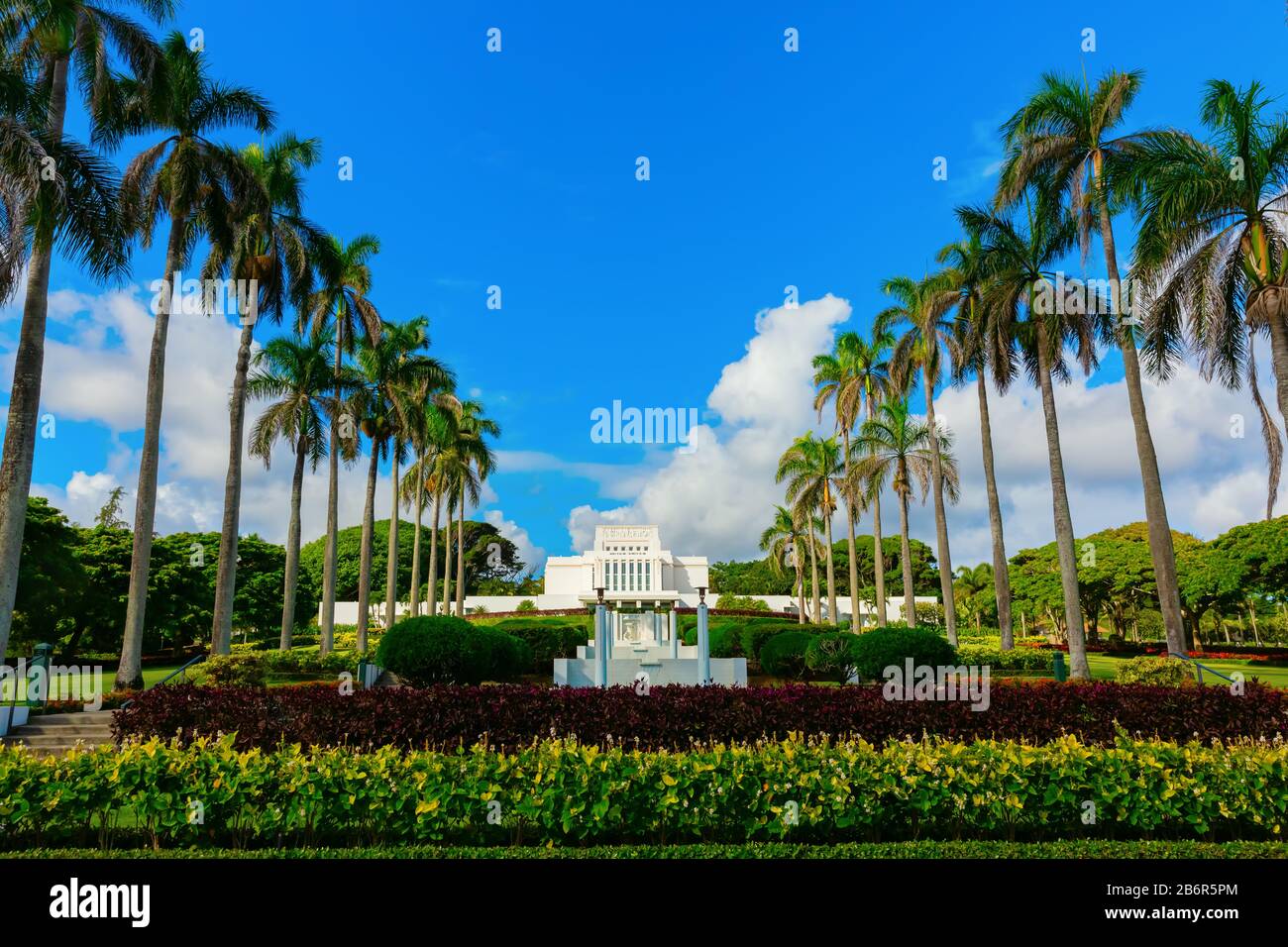 Laie, Oahu, Hawaii - 03. November 2019: Laie Hawaii Tempel auf Oahu. Der Tempel war der erste Tempel, der von der LDS-Kirche außerhalb der zusammenhängenden Uni erbaut wurde Stockfoto