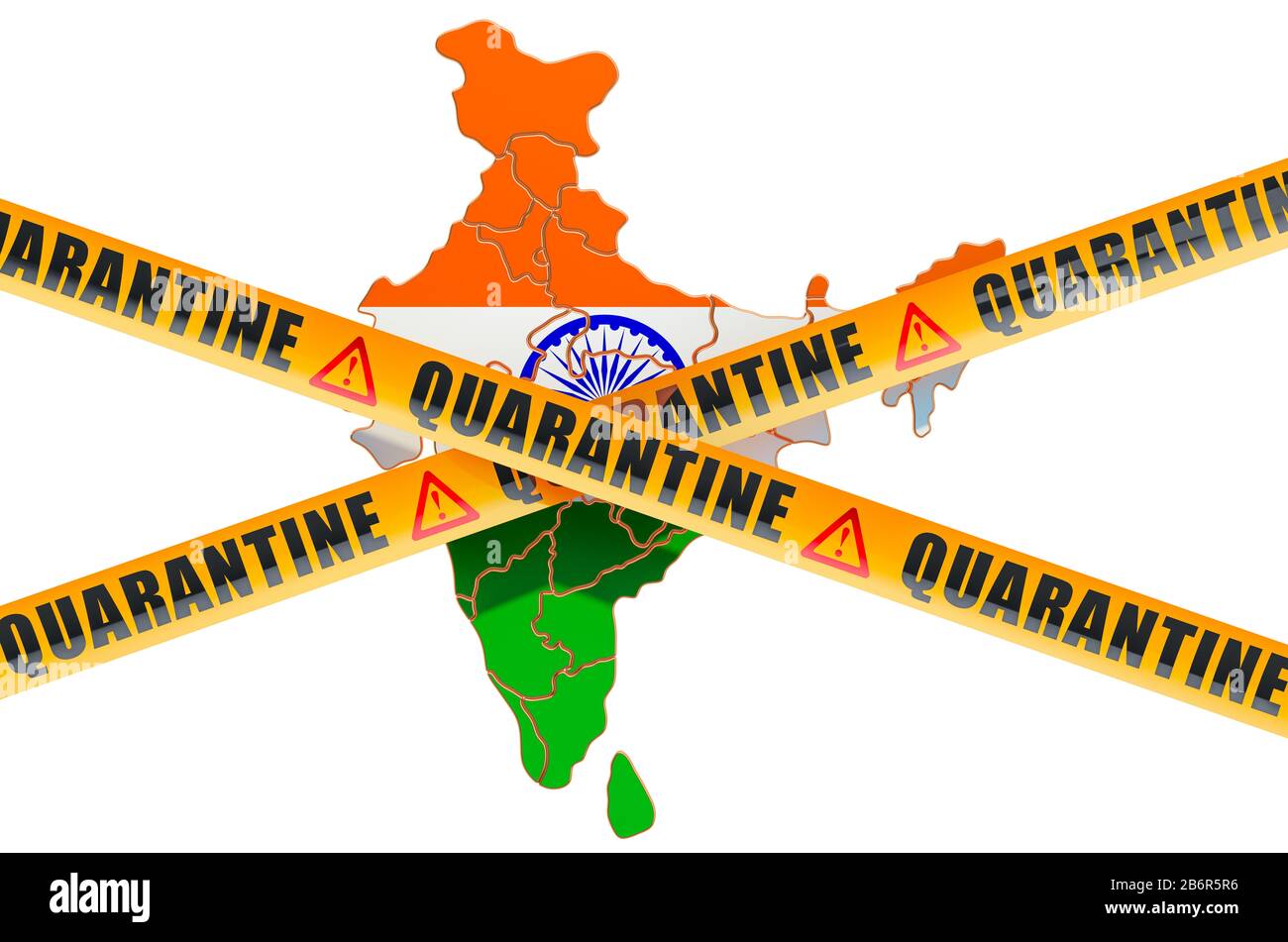 Quarantäne in Indien Konzept. Indianische Karte mit Warnbändern, 3D-Rendering isoliert auf weißem Hintergrund Stockfoto