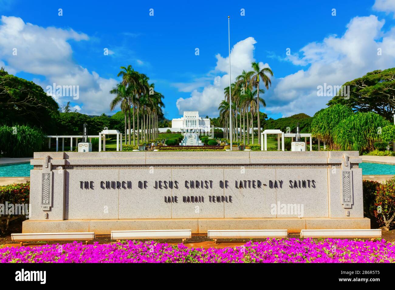 Laie, Oahu, Hawaii - 03. November 2019: Laie Hawaii Tempel auf Oahu. Der Tempel war der erste Tempel, der von der LDS-Kirche außerhalb der zusammenhängenden Uni erbaut wurde Stockfoto