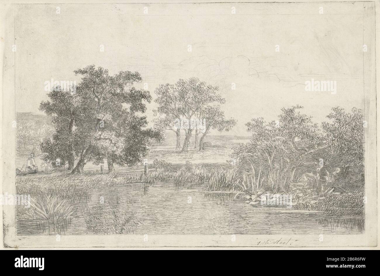 Bild Artikelnummer: RP-P-1909-6418Katalogisreferentie: Sammlung Rijksmuseum 1 Kommentar (?) Wird anhand der Informationen auf den Druckmarken / Marken bestimmt: Sammlermarke, Verso, gestempelt : Lugt 2228opschrift, recto, schrieb: "1. Stat" Hersteller: Druckerhersteller Hermanus Jan Hendrik van Huys Bountiful Ort Herstellung: Utrechter Datum: 1823 - 1883 Physikalische Merkmale: Radierung und Bleistift; Proofing Material: Papierbleistift-Technik: Ätzmaße: Plattenkante: H 230 mm × W 350 mm Betreff: Teich, Pool und Baum Stockfoto