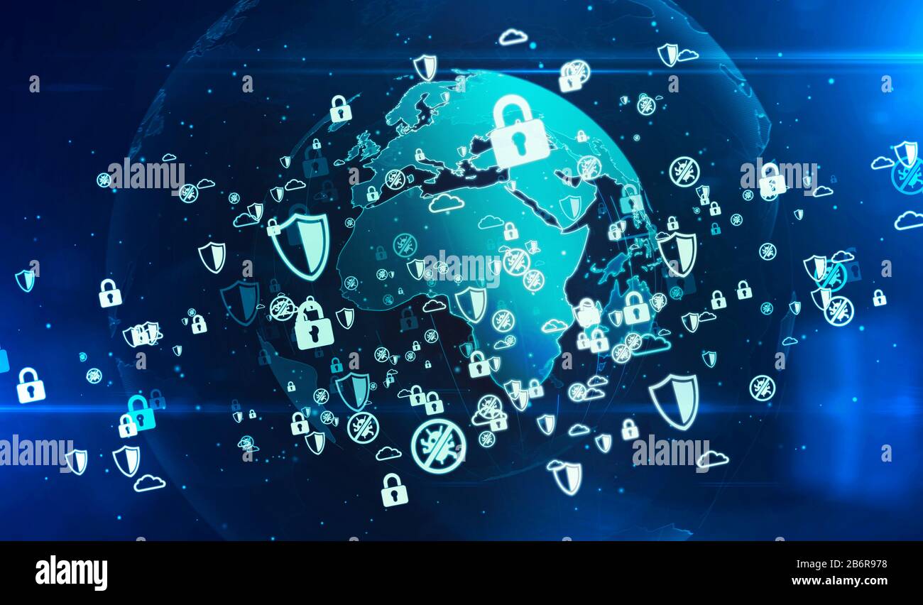 Cyber-Sicherheit, Computerschutz und digitale Sicherheitssymbole auf der 3D-Abbildung des digitalen Globus. Abstrakter Konzepthintergrund zukünftiger Technologie, Bus Stockfoto