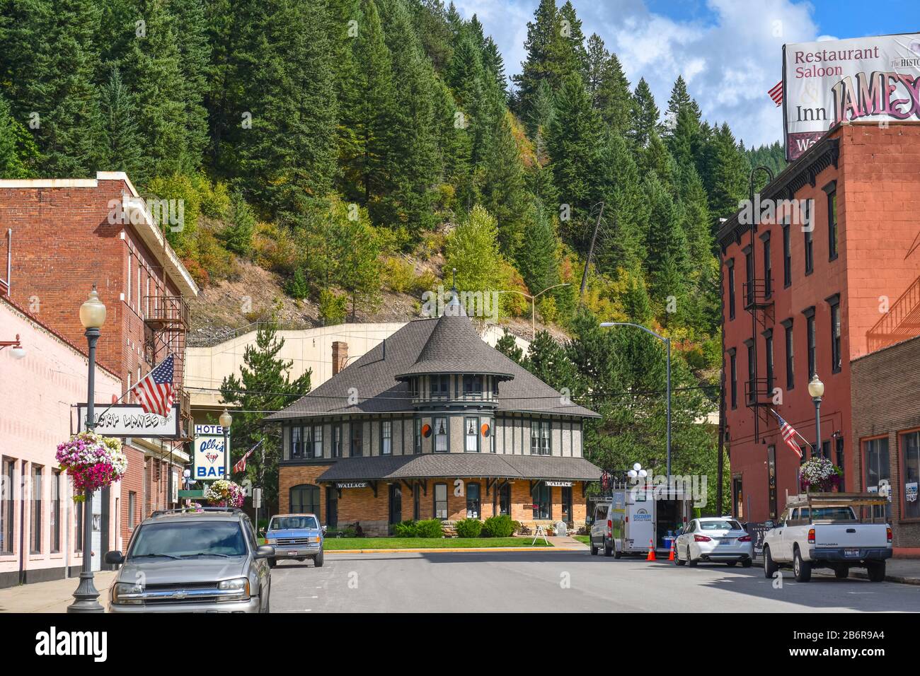 Malerisches Eisenbahnmuseum in der Alten Bergbaustadt von West Wallace, Idaho, in der Gegend um Silver Valley, die eine superfond-stätte ist. Stockfoto